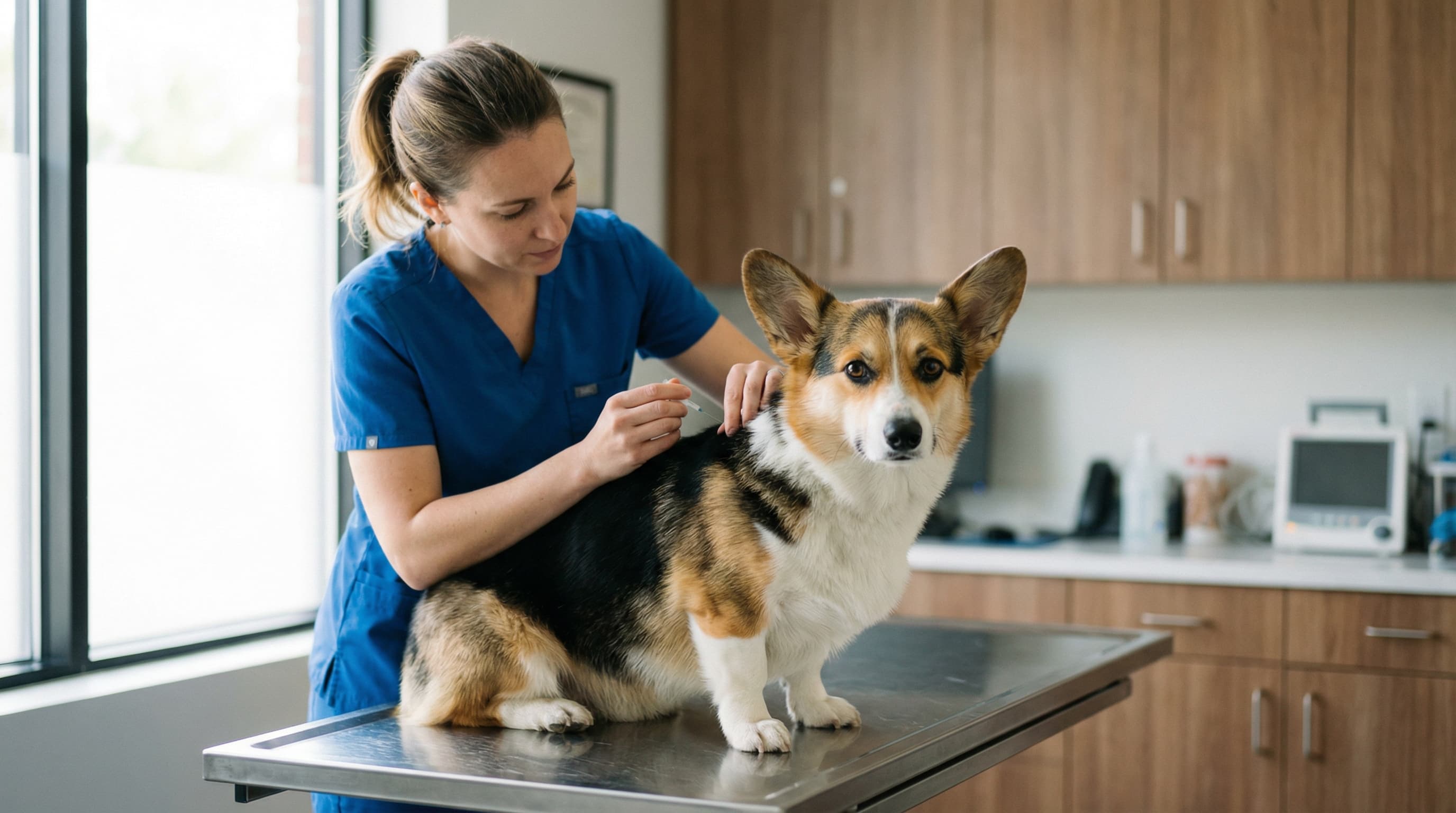A veterinarian administering a rabies vaccine to a corgi at a modern veterinary clinic