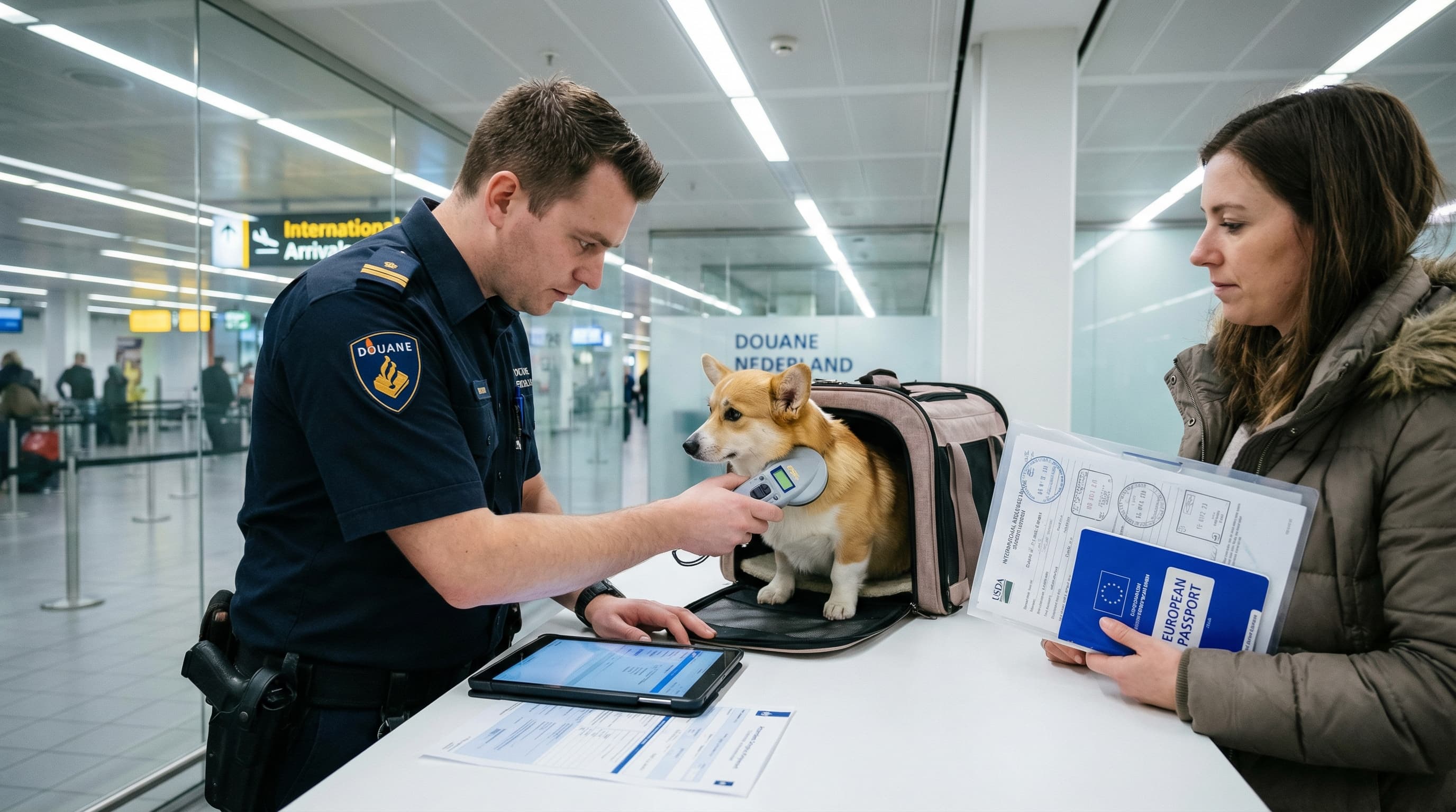 Customs officer at Amsterdam Schiphol Airport scanning dog's microchip while reviewing EU health certificate