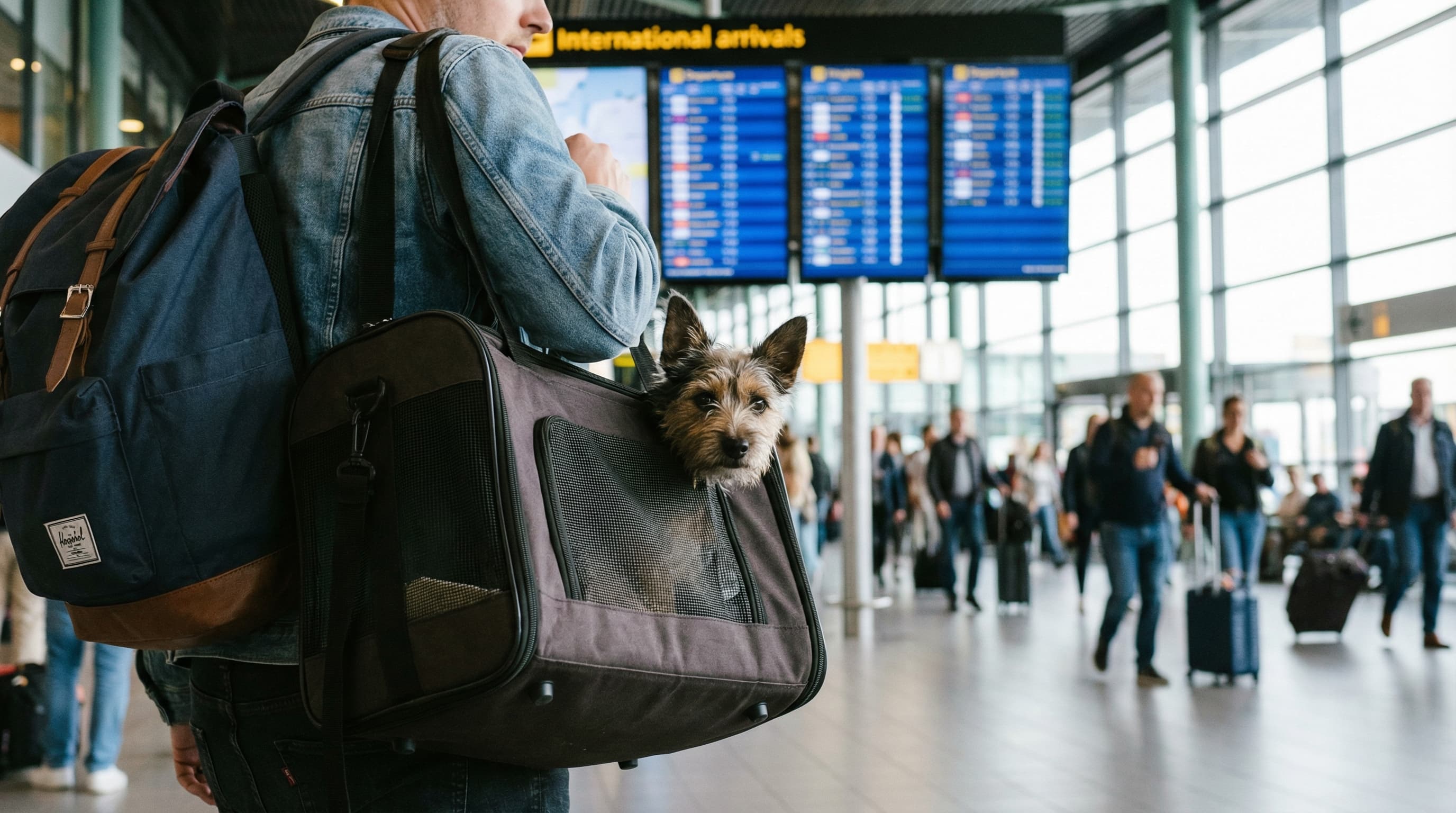 Traveler with small dog in carrier walking through Amsterdam Schiphol Airport arrivals terminal