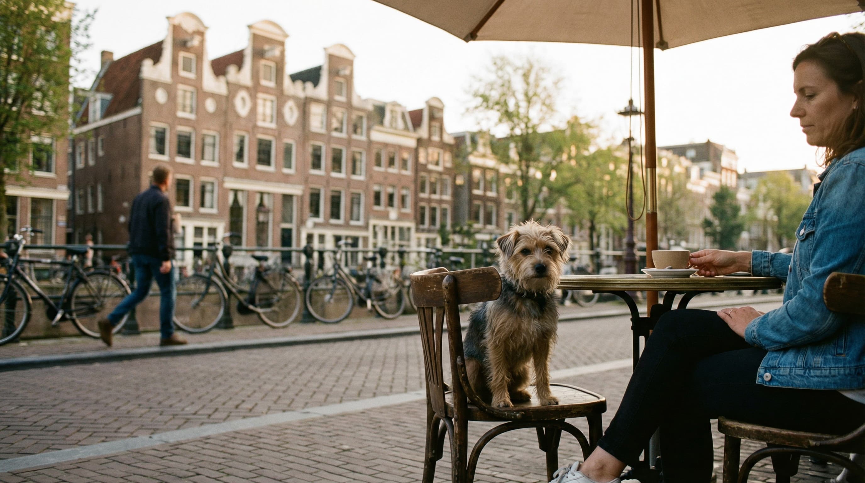 Dog relaxing beside owner at canal-side cafe in Amsterdam