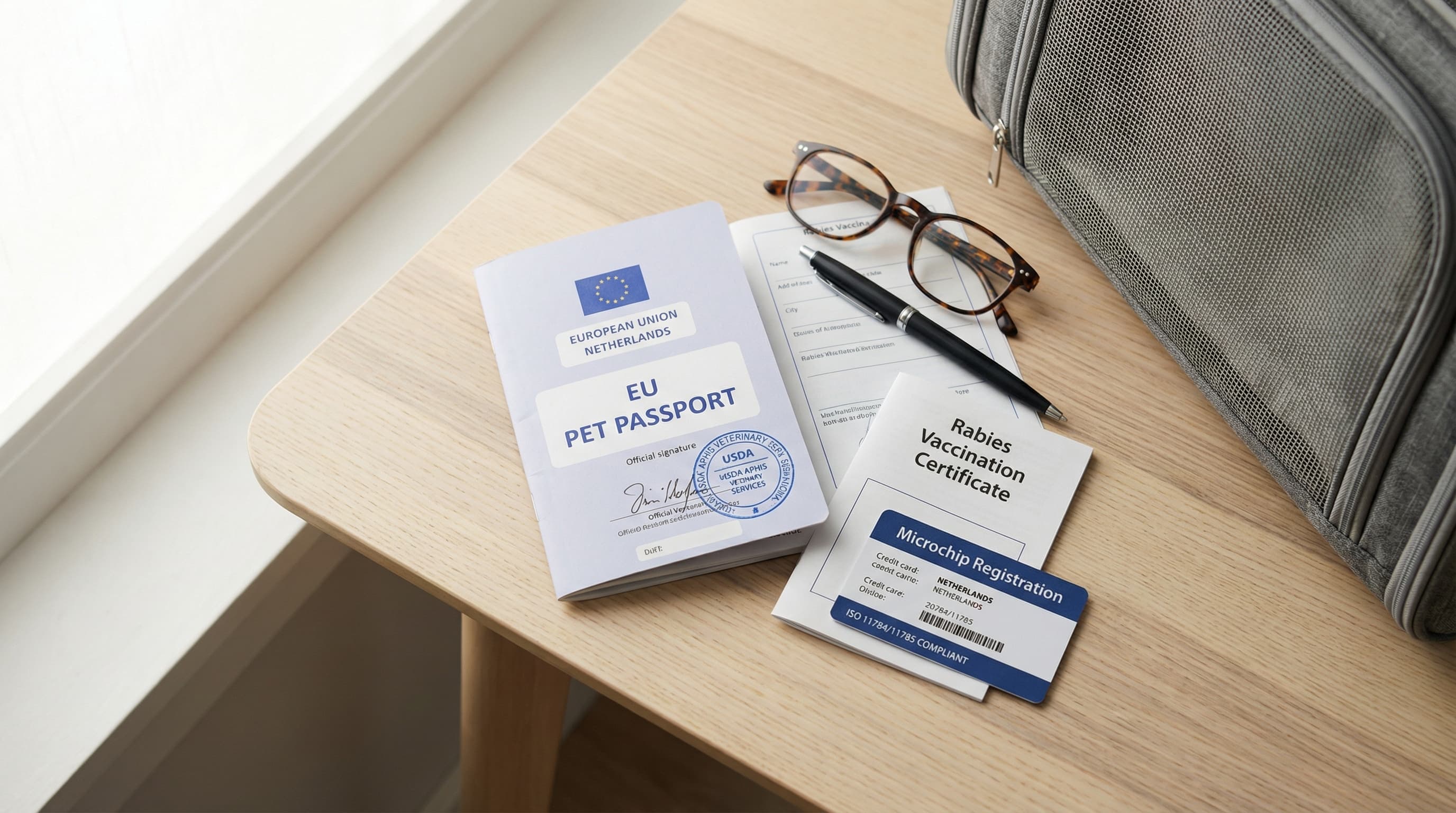 Essential Netherlands pet travel documents including EU health certificate with USDA endorsement, rabies vaccination record, and microchip registration card
