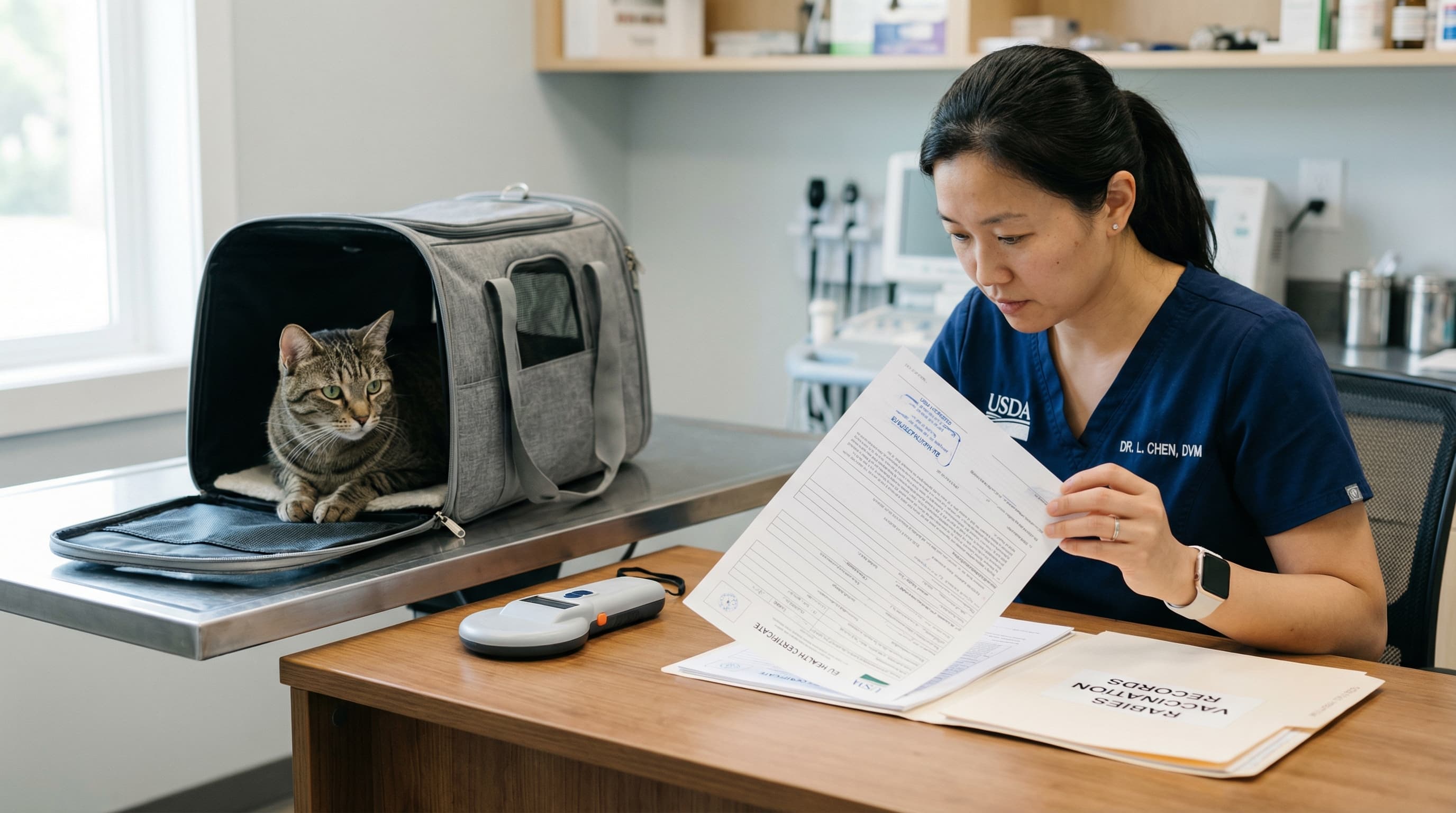 Veterinarian reviewing EU health certificate at desk while tabby cat sits in open carrier on exam table