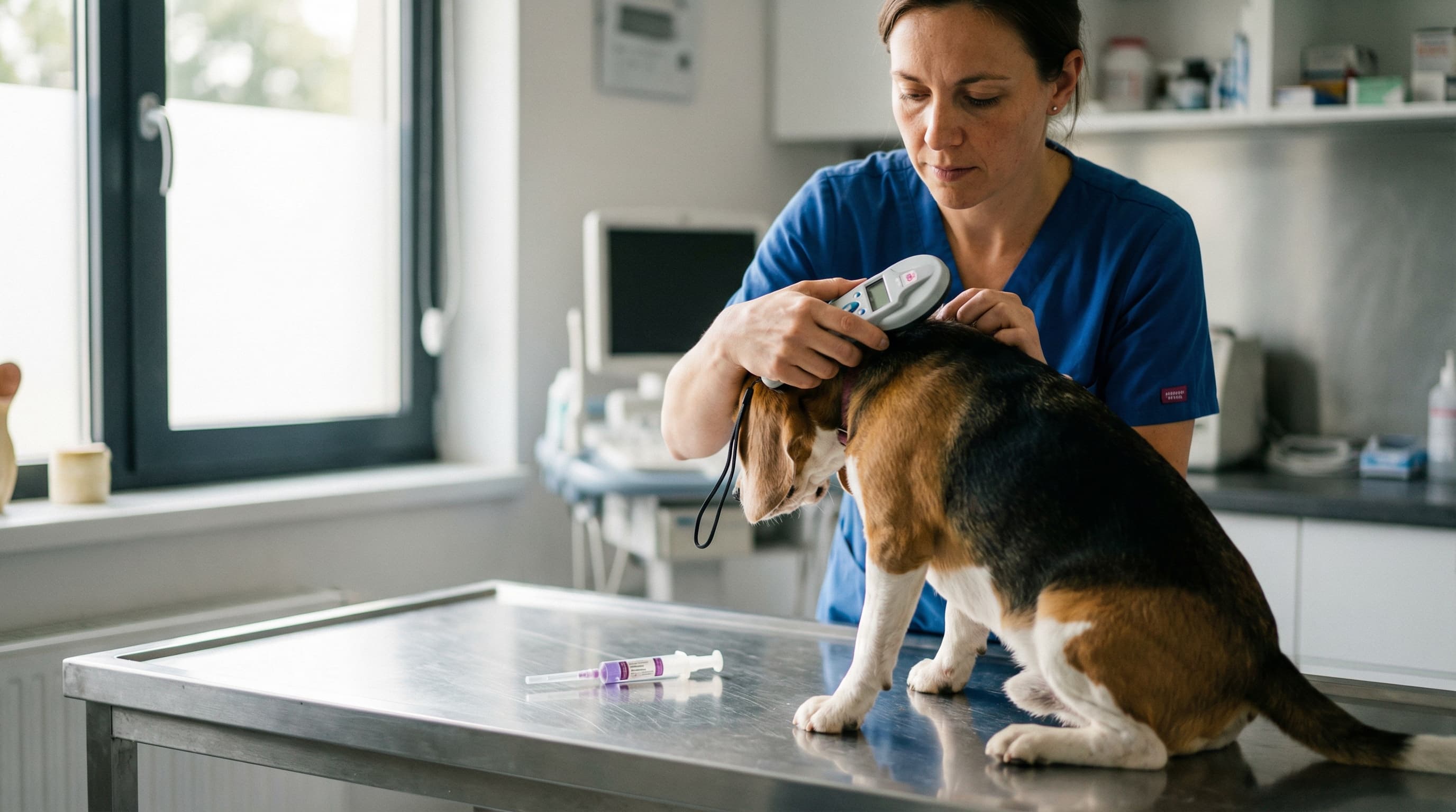 Veterinarian scanning beagle's ISO microchip before administering rabies vaccine for Netherlands travel
