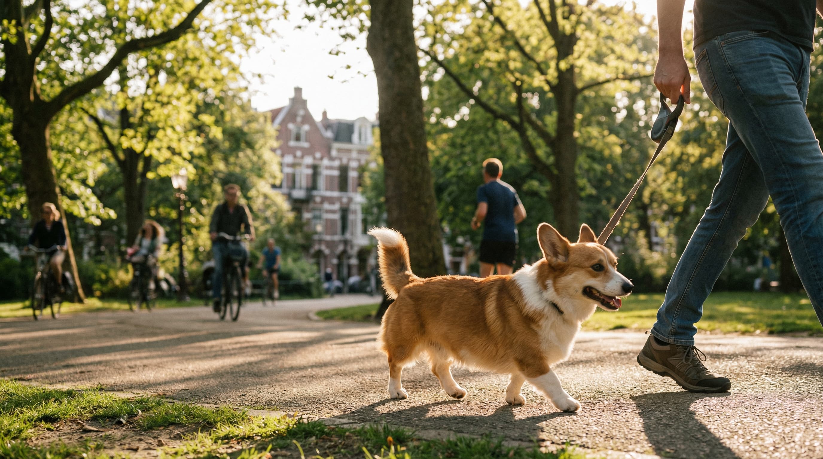 Corgi on leash walking through Vondelpark in Amsterdam with owner on a sunny afternoon
