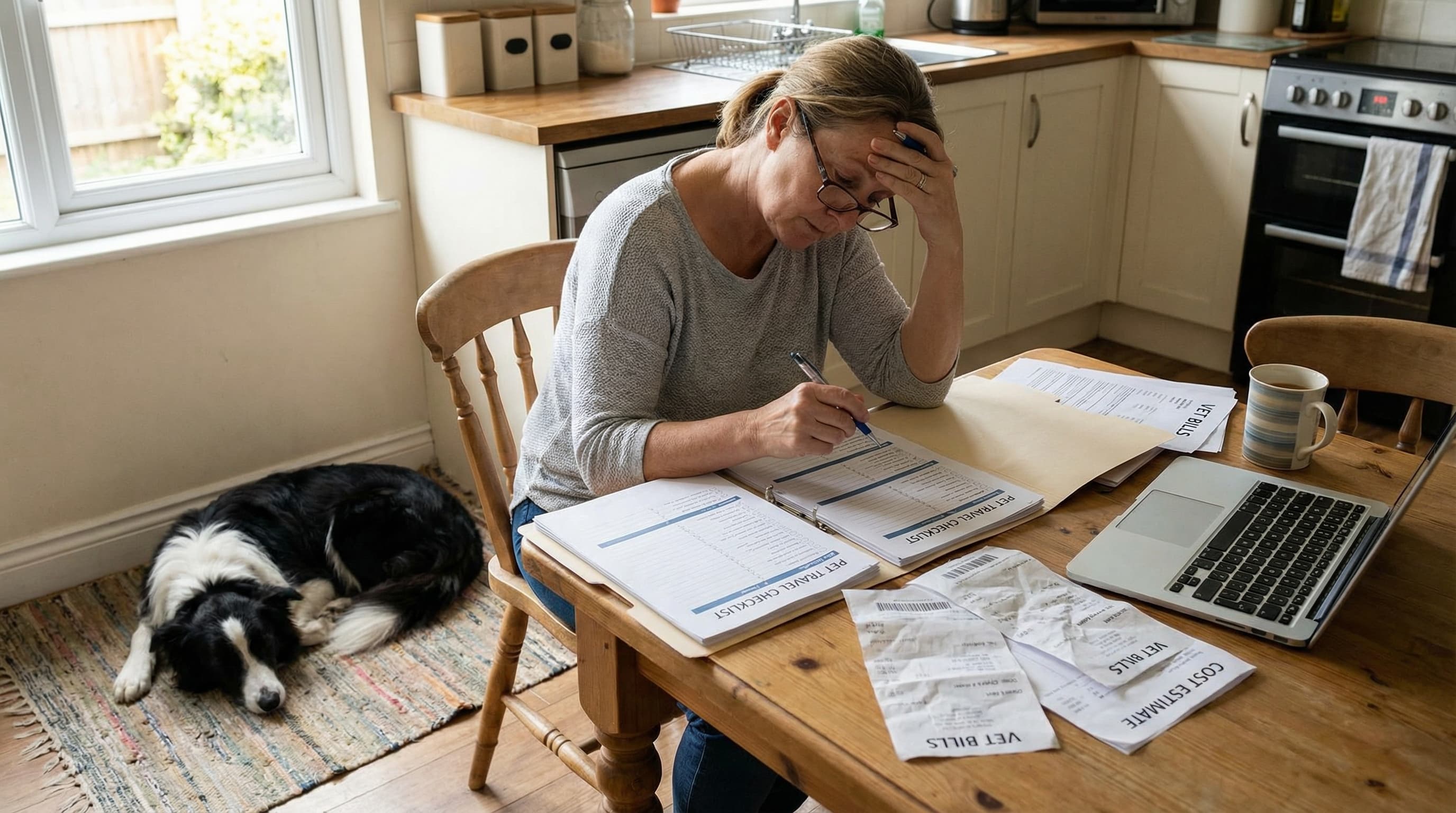 Person reviewing Netherlands pet travel cost estimates at a kitchen table, border collie resting beside them