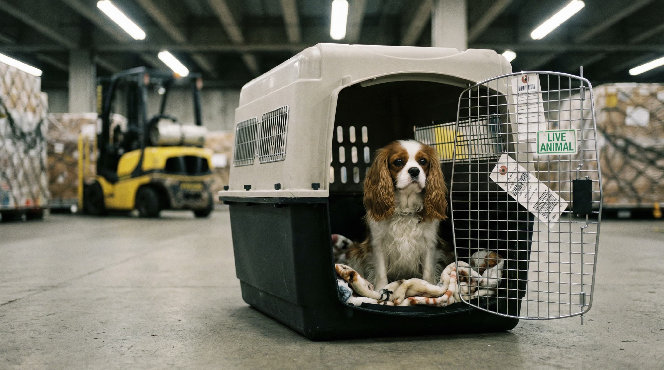 Cavalier King Charles Spaniel in IATA-approved travel crate at airport cargo terminal