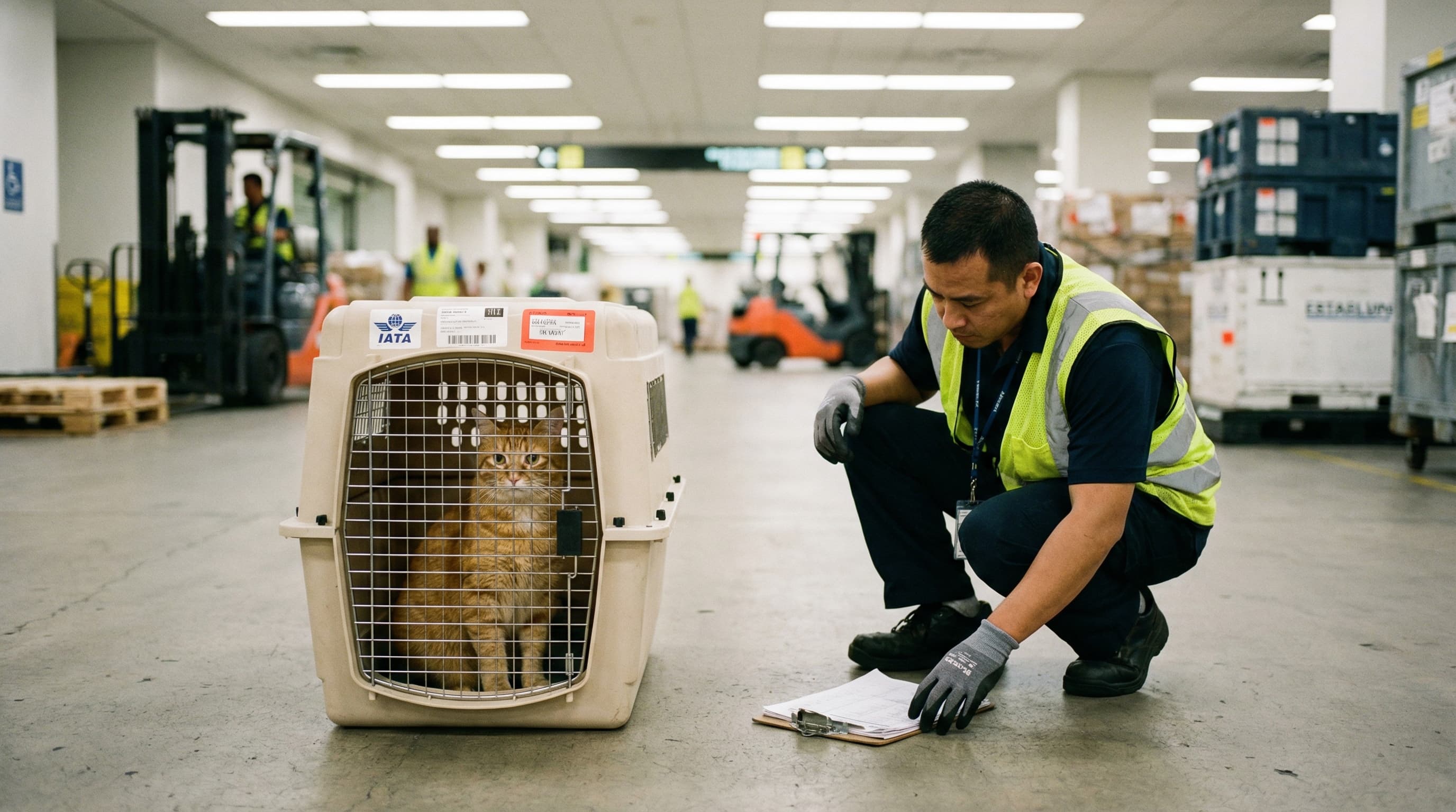 Cat in IATA-approved hard-sided cargo kennel at airport freight terminal, handler reviewing shipping documents, calm scene