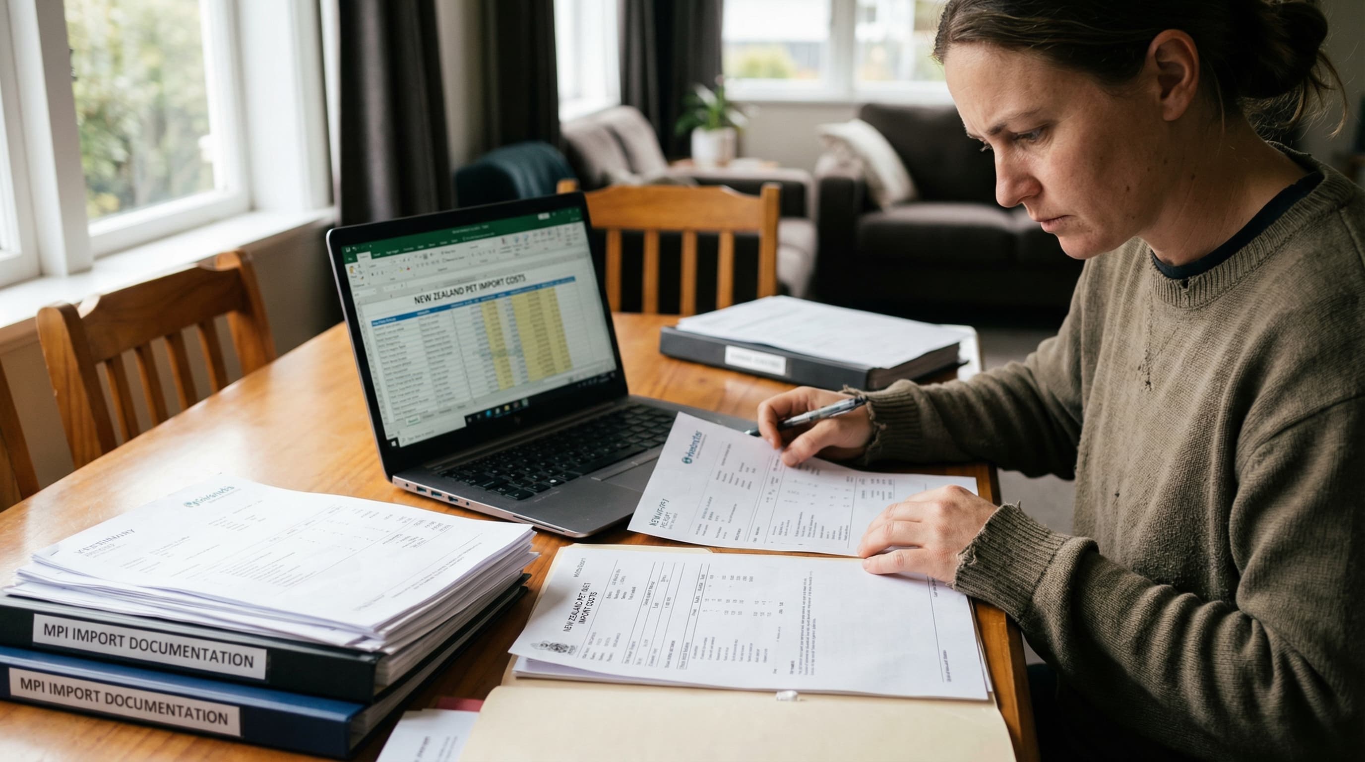 Owner reviewing New Zealand pet import cost spreadsheet surrounded by veterinary receipts and lab reports