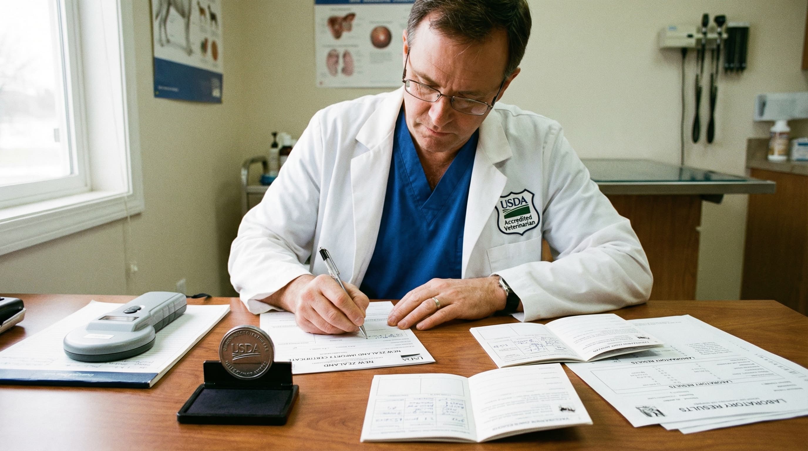 USDA-accredited veterinarian completing New Zealand health certificate with embossed stamp and microchip scanner on desk