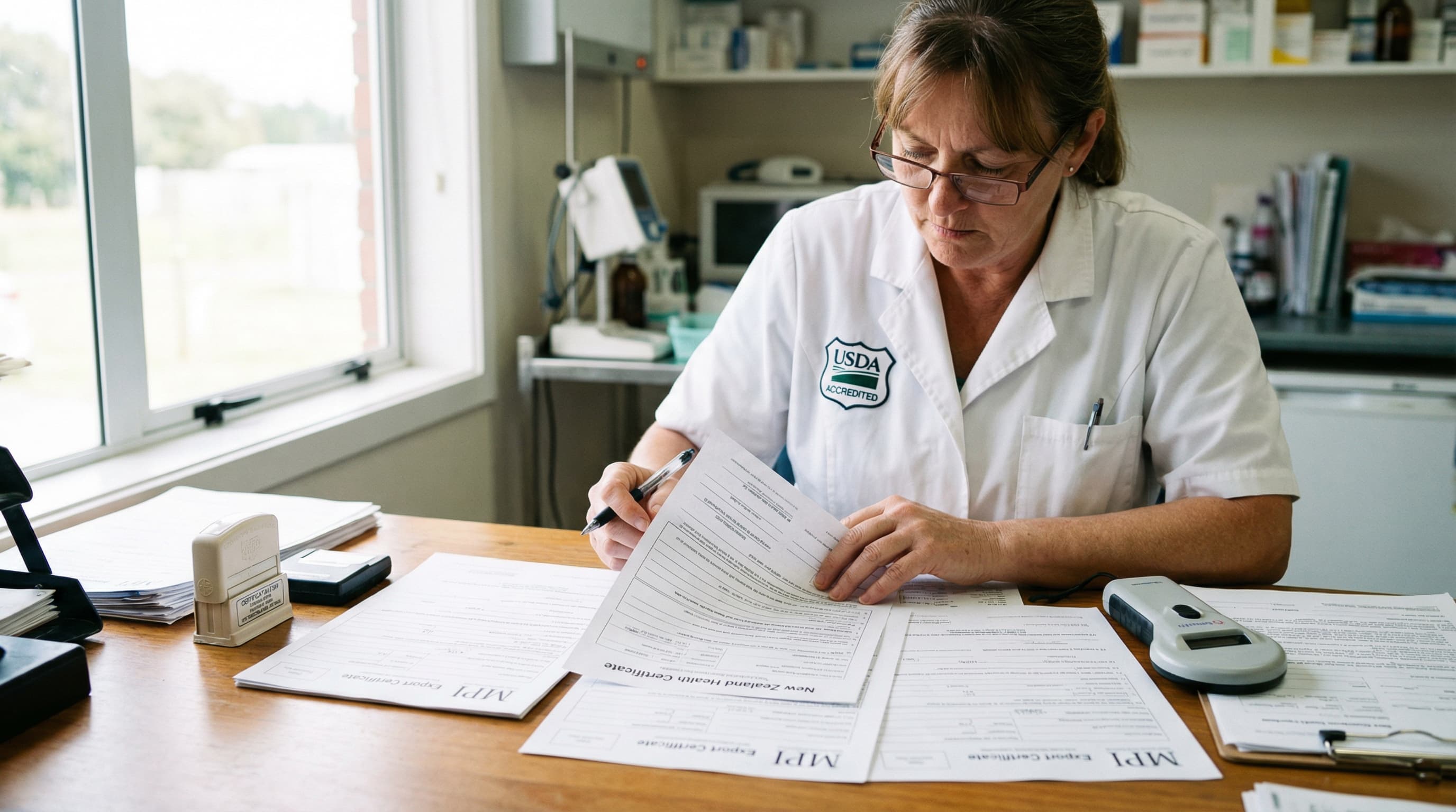 USDA-accredited veterinarian completing New Zealand health certificate at clinic desk, MPI documents and embossed stamp visible, focused expression