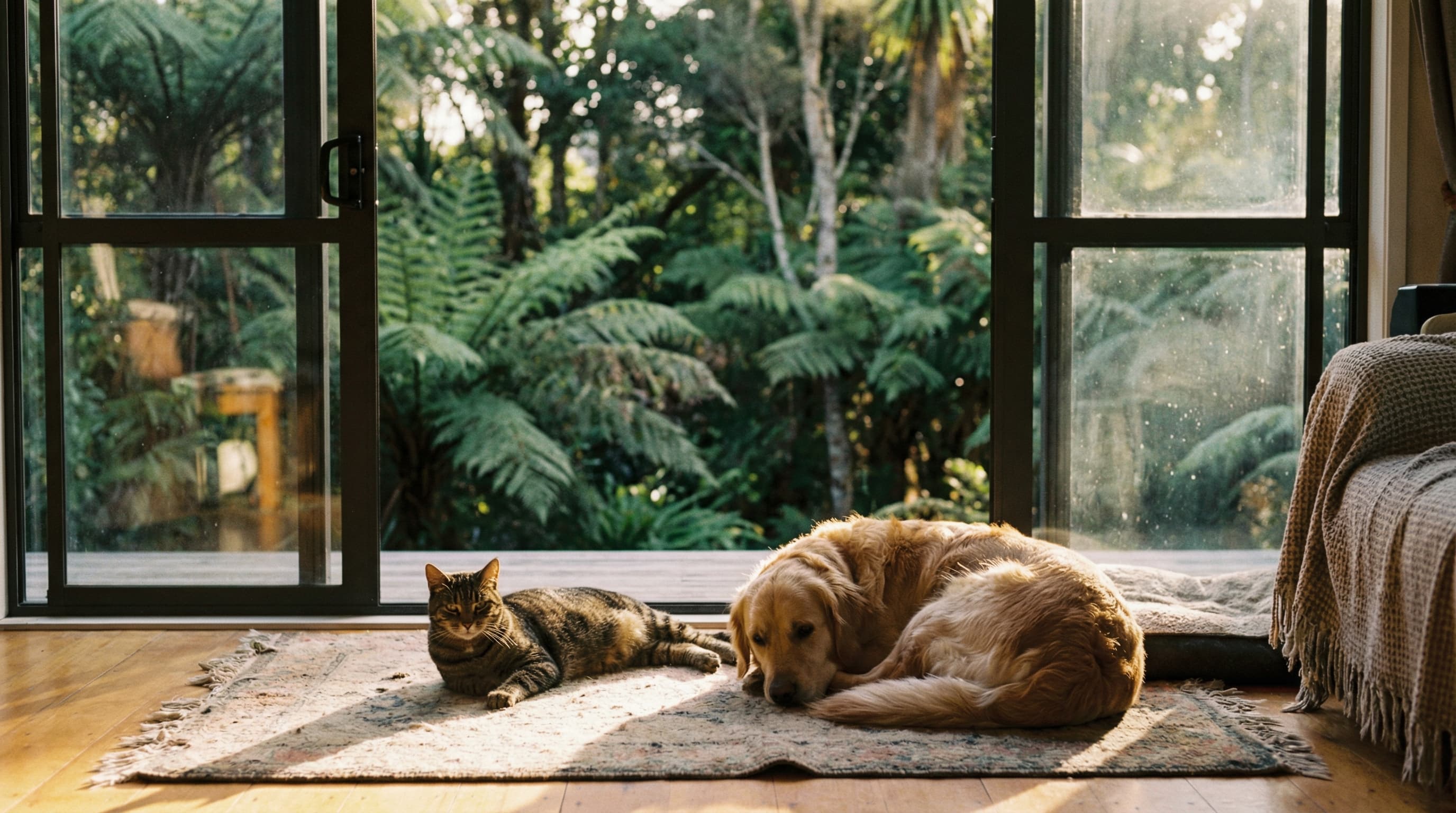 Dog and cat resting together in bright New Zealand home, sunlight through large windows, green fern garden visible outside