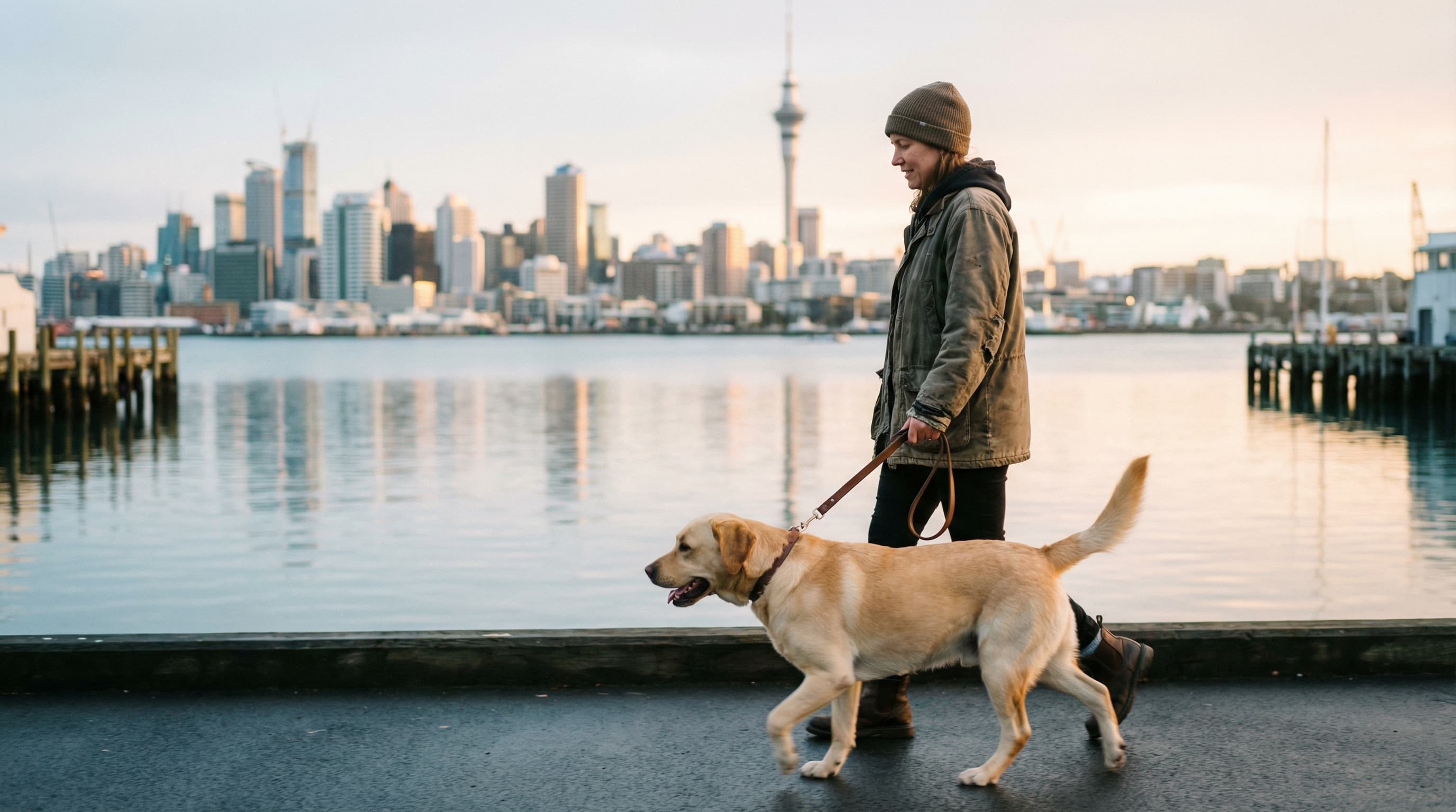 Owner walking Labrador Retriever along Auckland waterfront with city skyline and Sky Tower visible across harbor, early morning light
