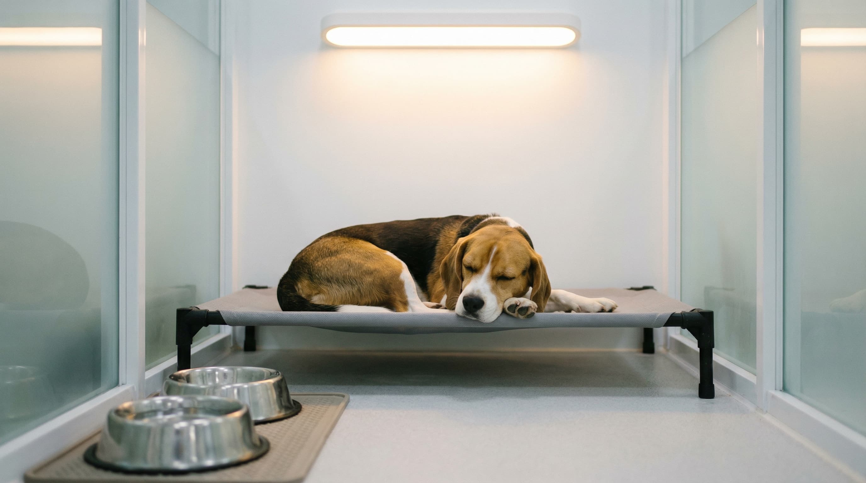 Beagle resting on platform bed in modern MPI-approved quarantine enclosure