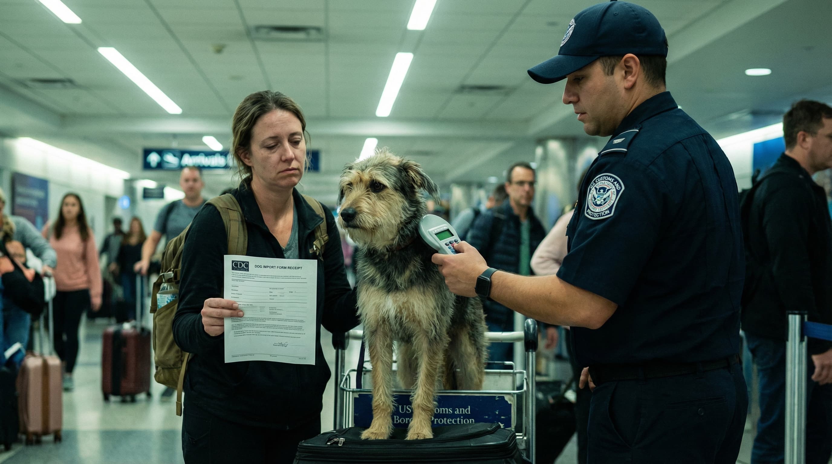 CBP officer scanning mixed-breed dog's microchip at US airport arrivals, owner holding CDC dog import form receipt