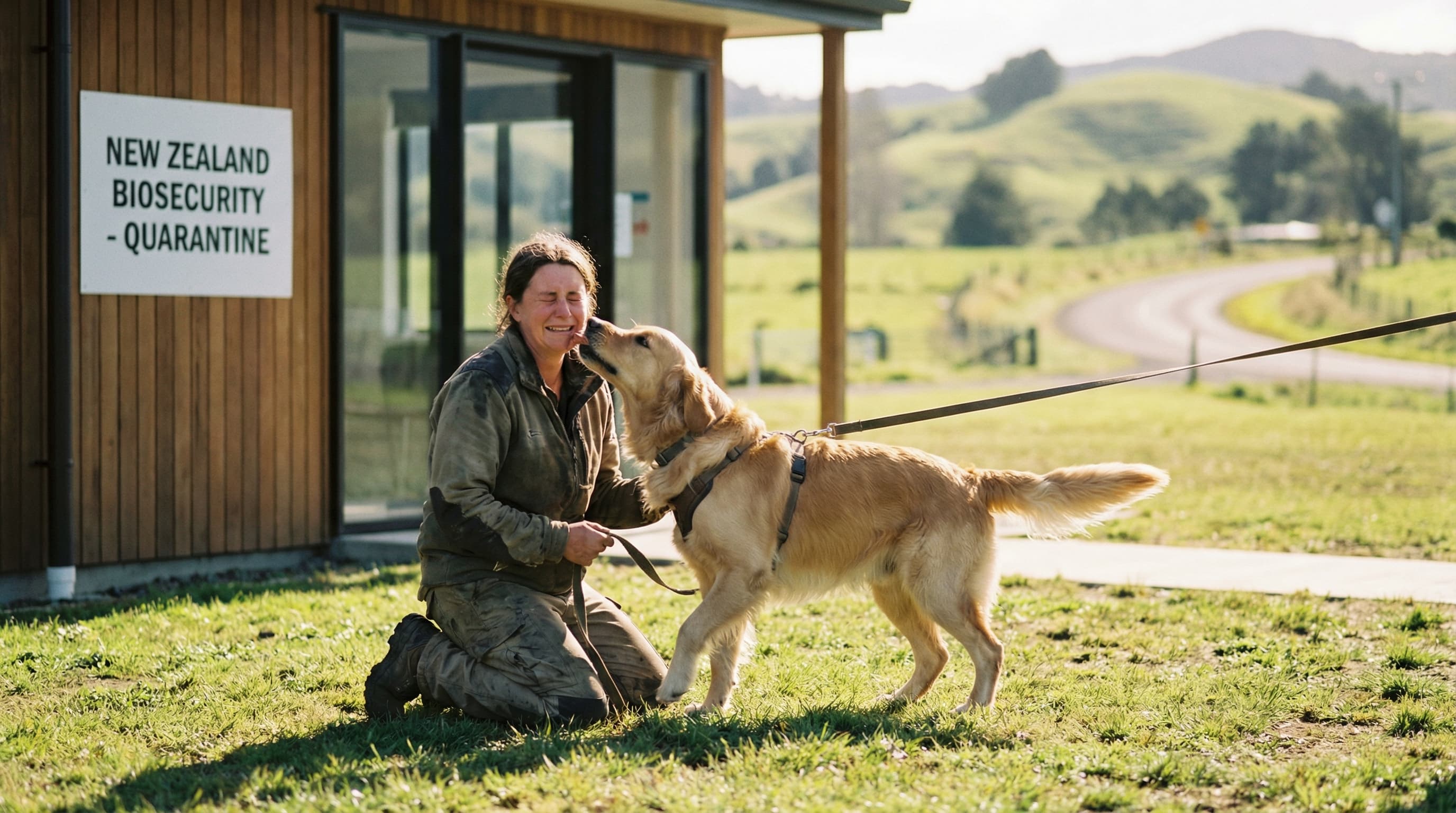 Owner reuniting with golden retriever outside New Zealand MPI quarantine facility, green hills in background