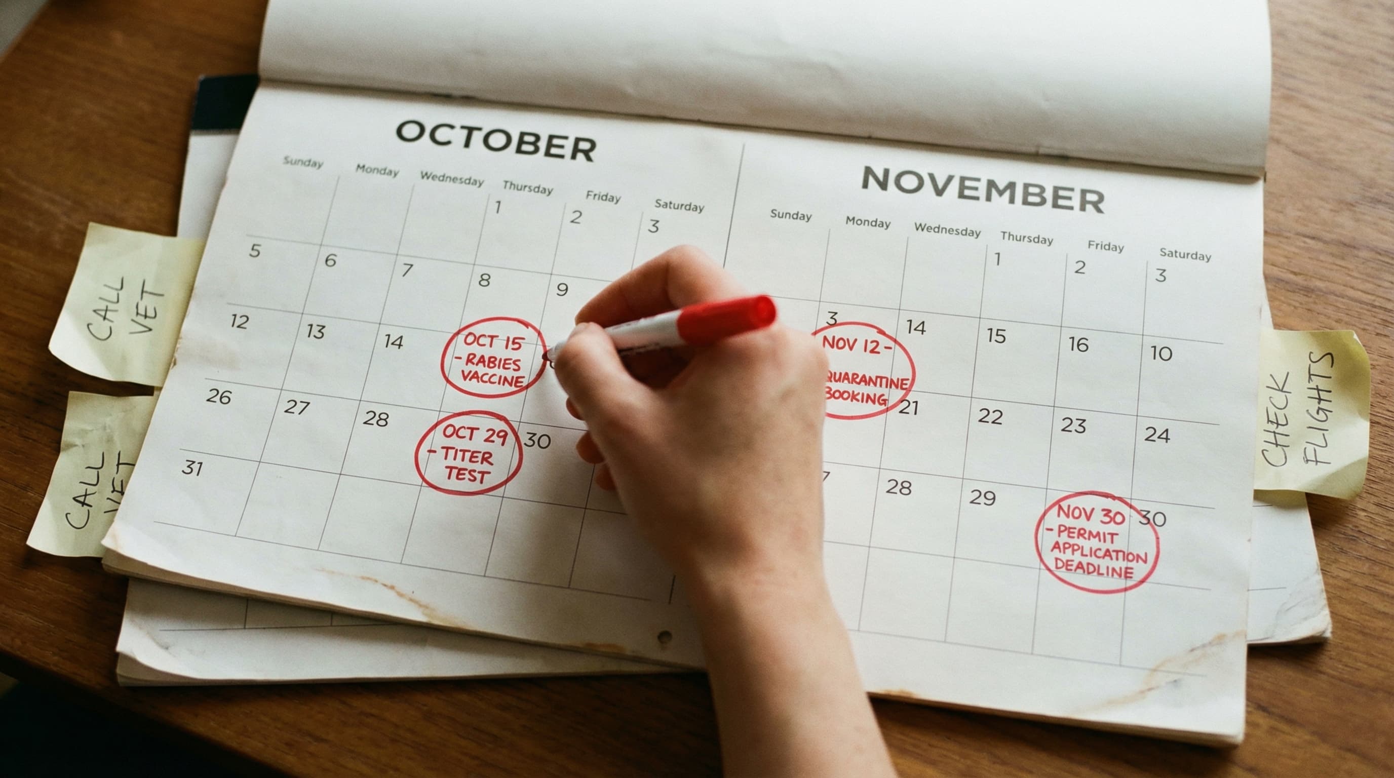 Calendar with key New Zealand pet import milestones circled — rabies vaccine, titer test, quarantine booking, permit deadline