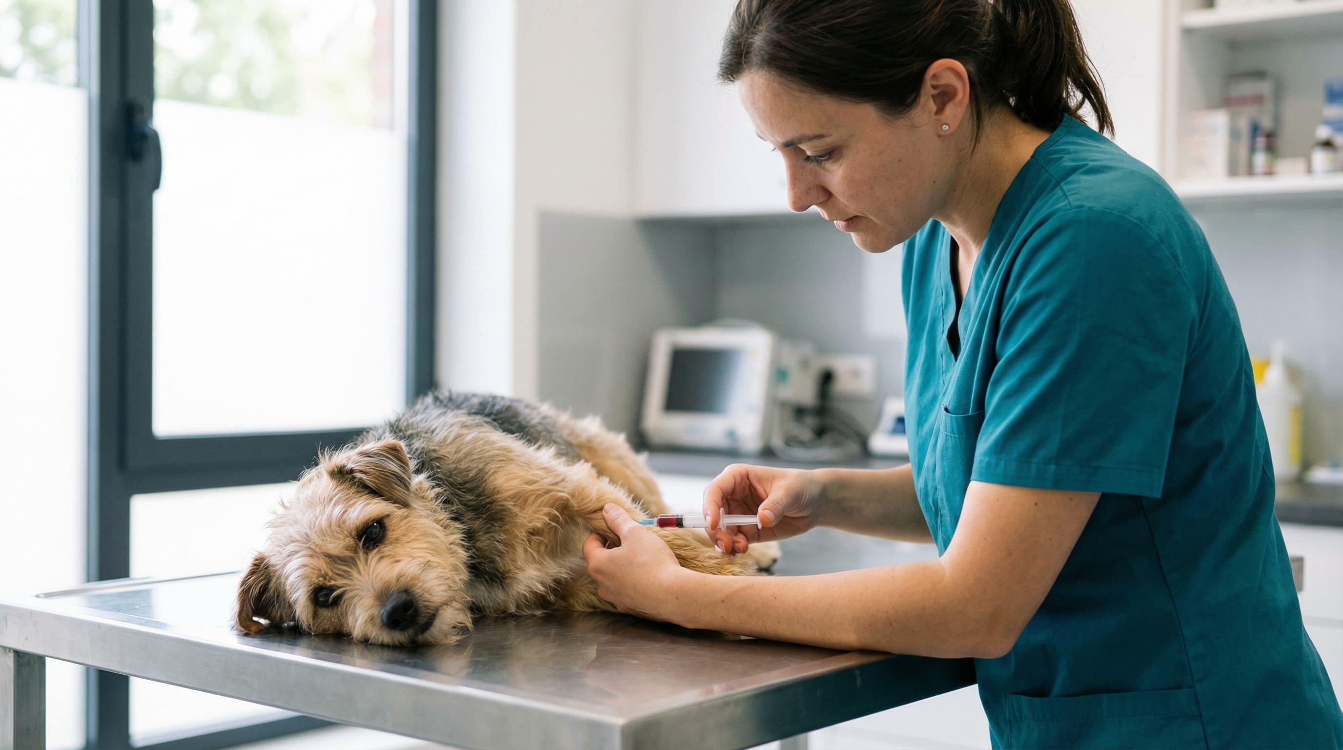 Veterinarian drawing blood from mixed-breed terrier for rabies titer test with natural window lighting