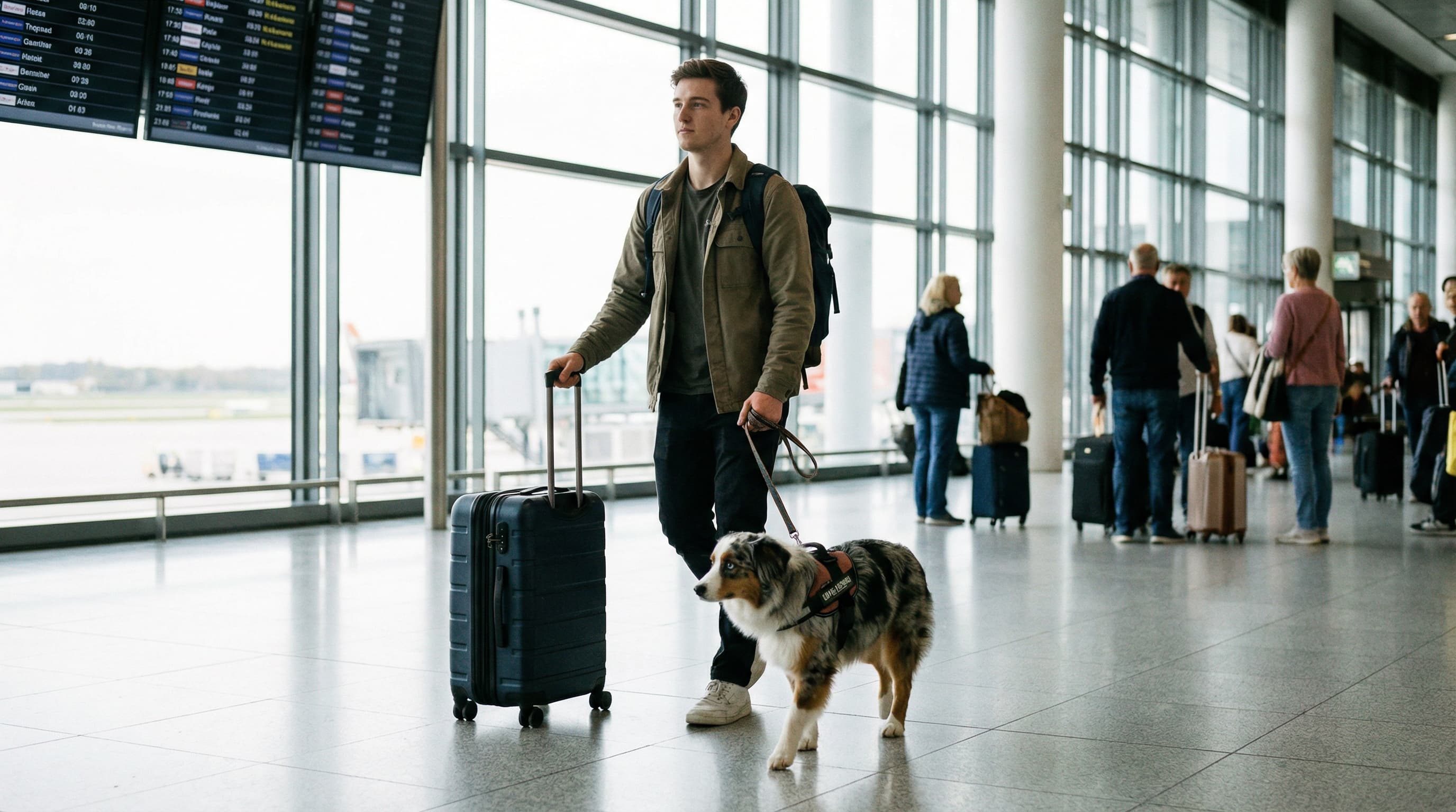 Owner walking through airport terminal with an Australian Shepherd on a leash and rolling suitcase