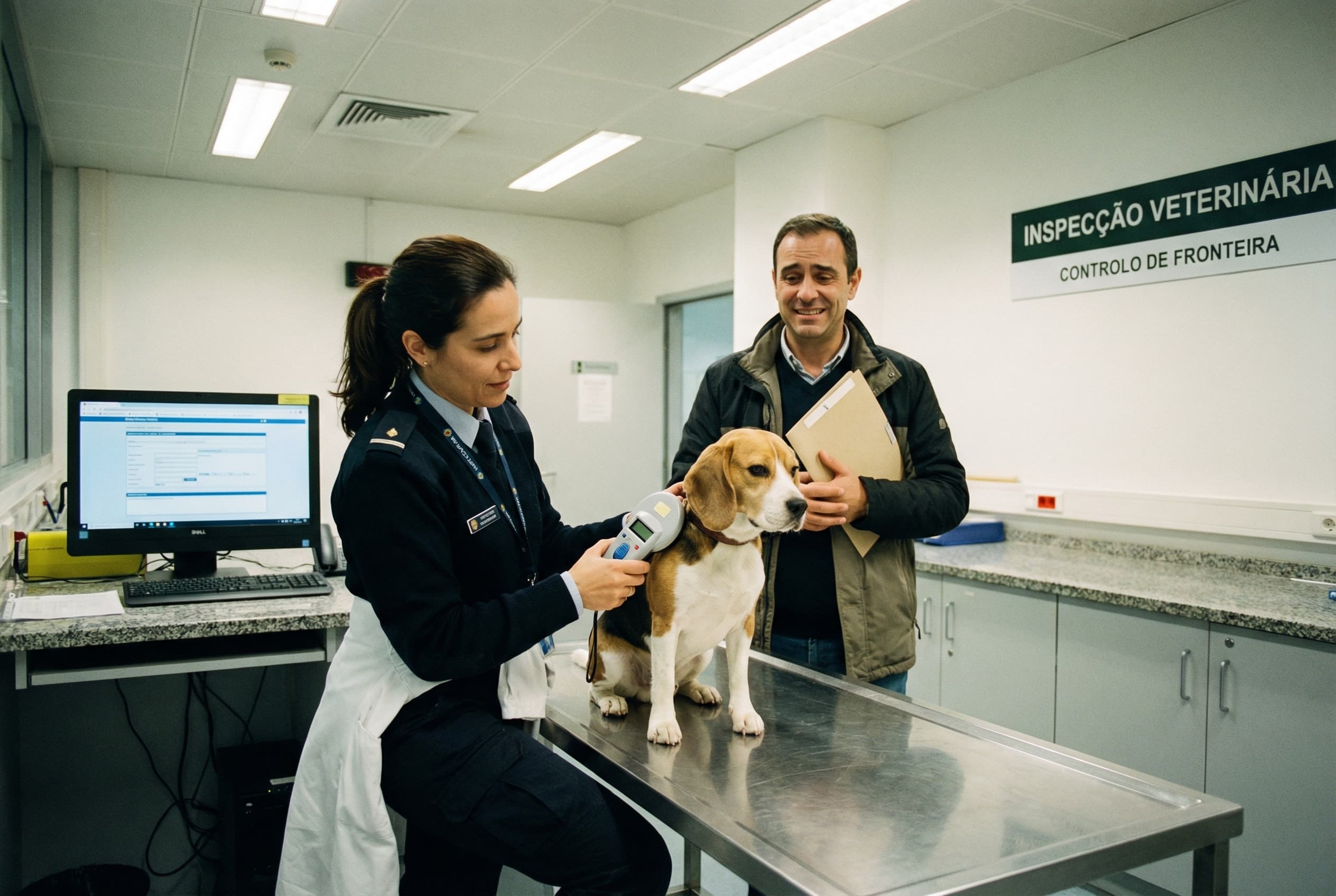 DGAV veterinary inspector scanning a beagle's microchip at a Portuguese airport border inspection office while the owner holds documents