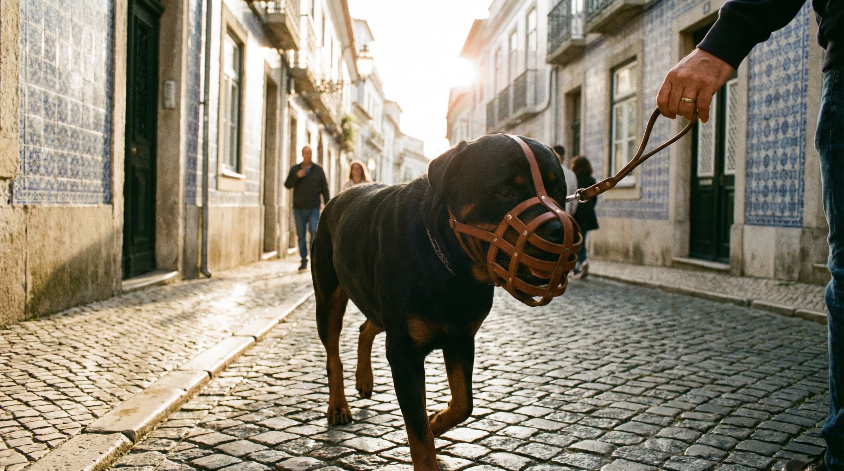 Rottweiler walking calmly on short leash wearing basket muzzle through Portuguese cobblestone street