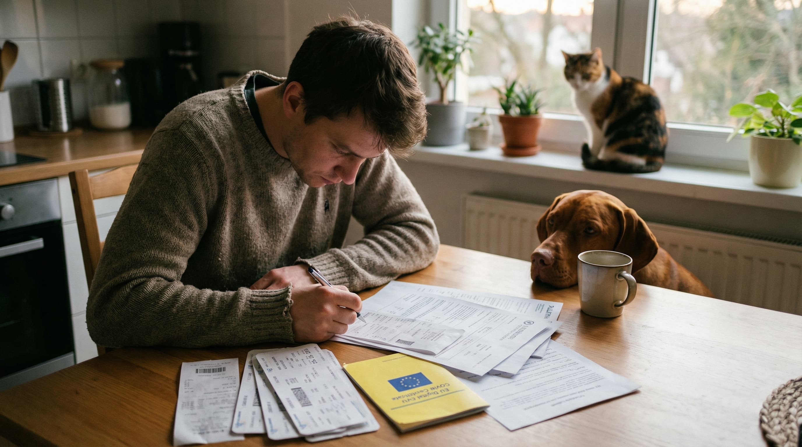 Dog and cat owner reviewing Portugal pet travel costs at kitchen table with health certificates and airline receipts