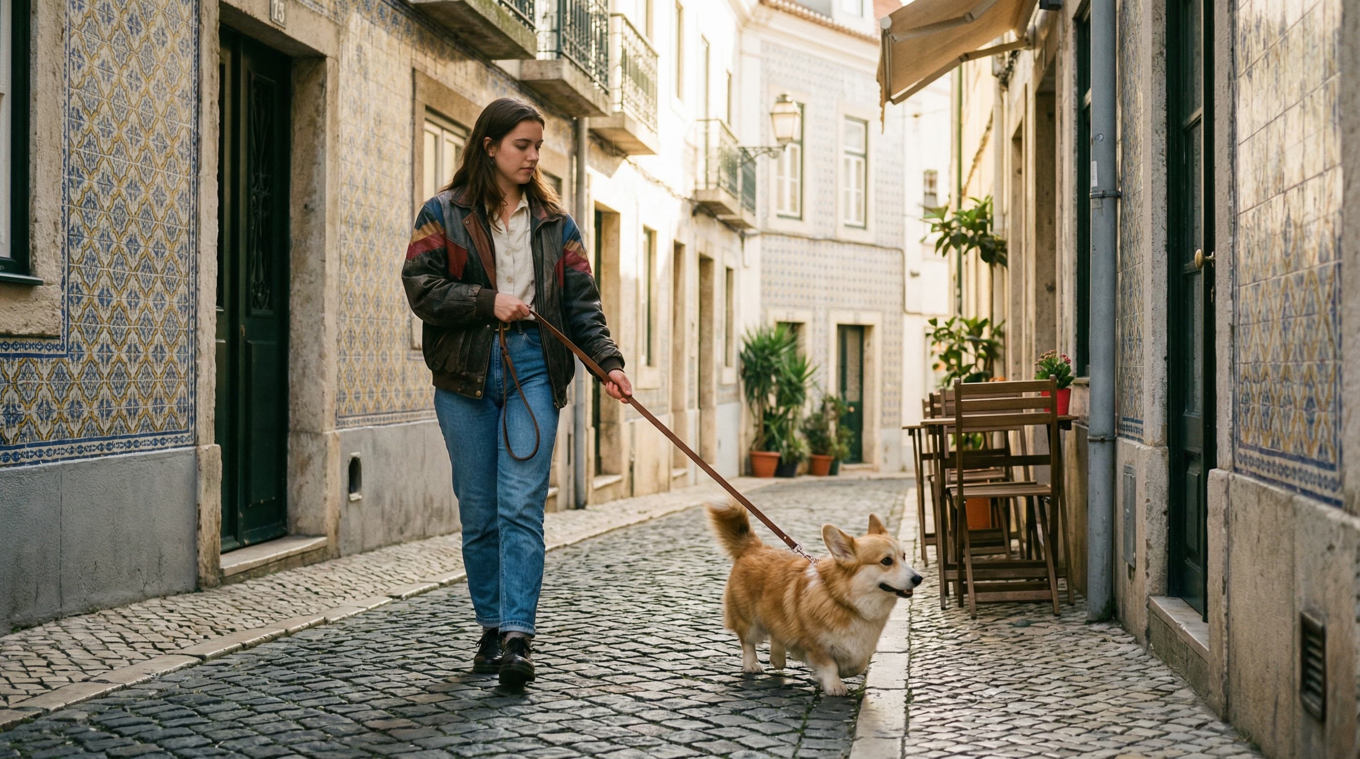 Woman walking a Welsh Corgi through a narrow Alfama street in Lisbon with azulejo tiles on the facades