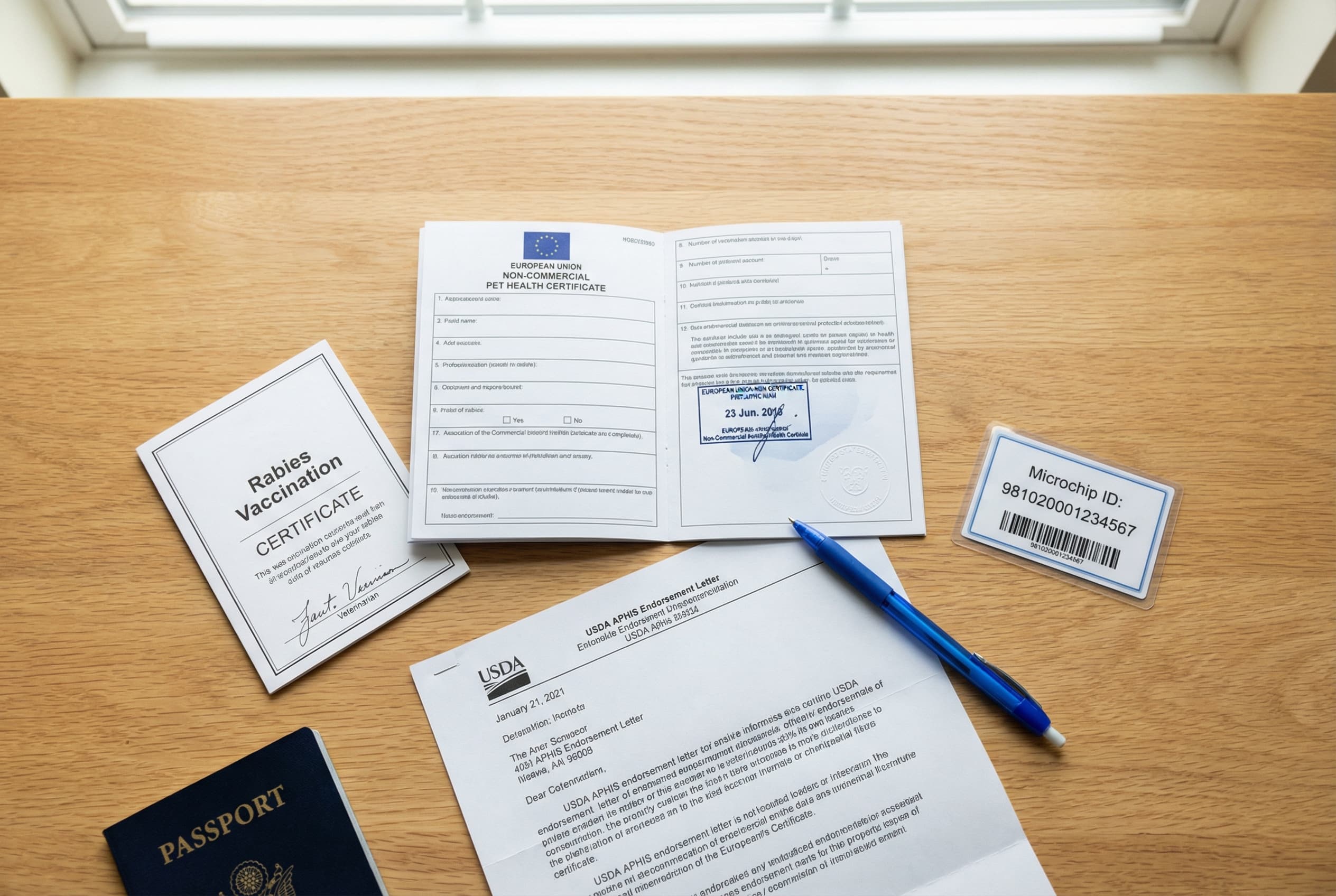 Flat lay of EU pet health certificate with ink stamp, rabies vaccination certificate, USDA endorsement letter, microchip ID card, and a US passport on a light oak desk