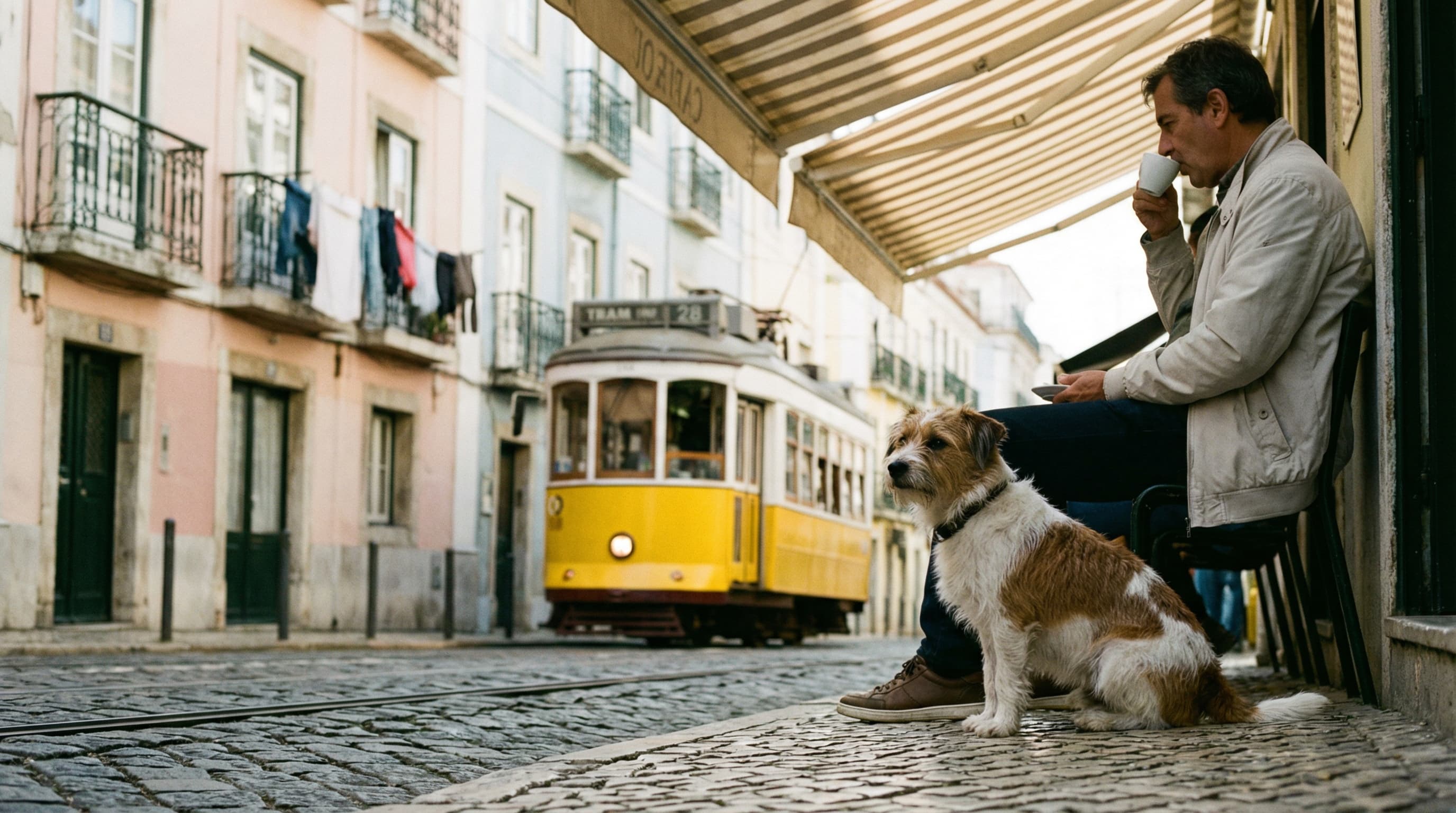 Owner and small dog relaxing at an outdoor café in Lisbon's Belém district with a pastel de nata on the table