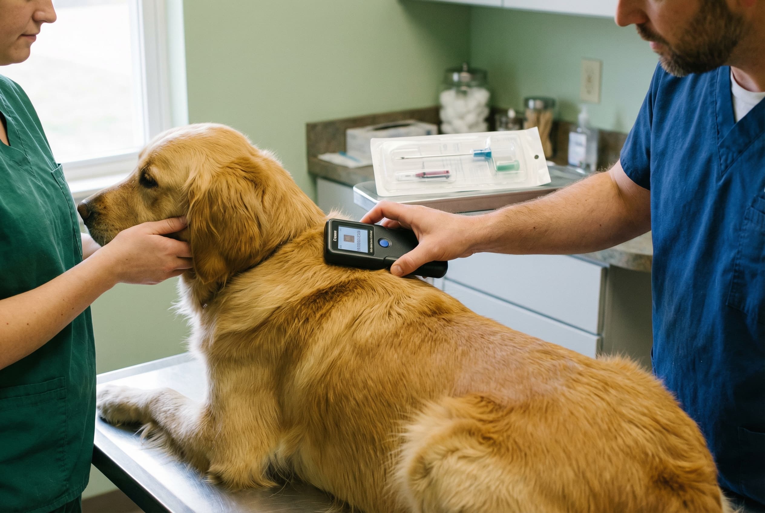 Veterinarian implanting a microchip in a golden retriever while a vet tech steadies the dog, with a microchip scanner and rabies vaccine vial on the counter