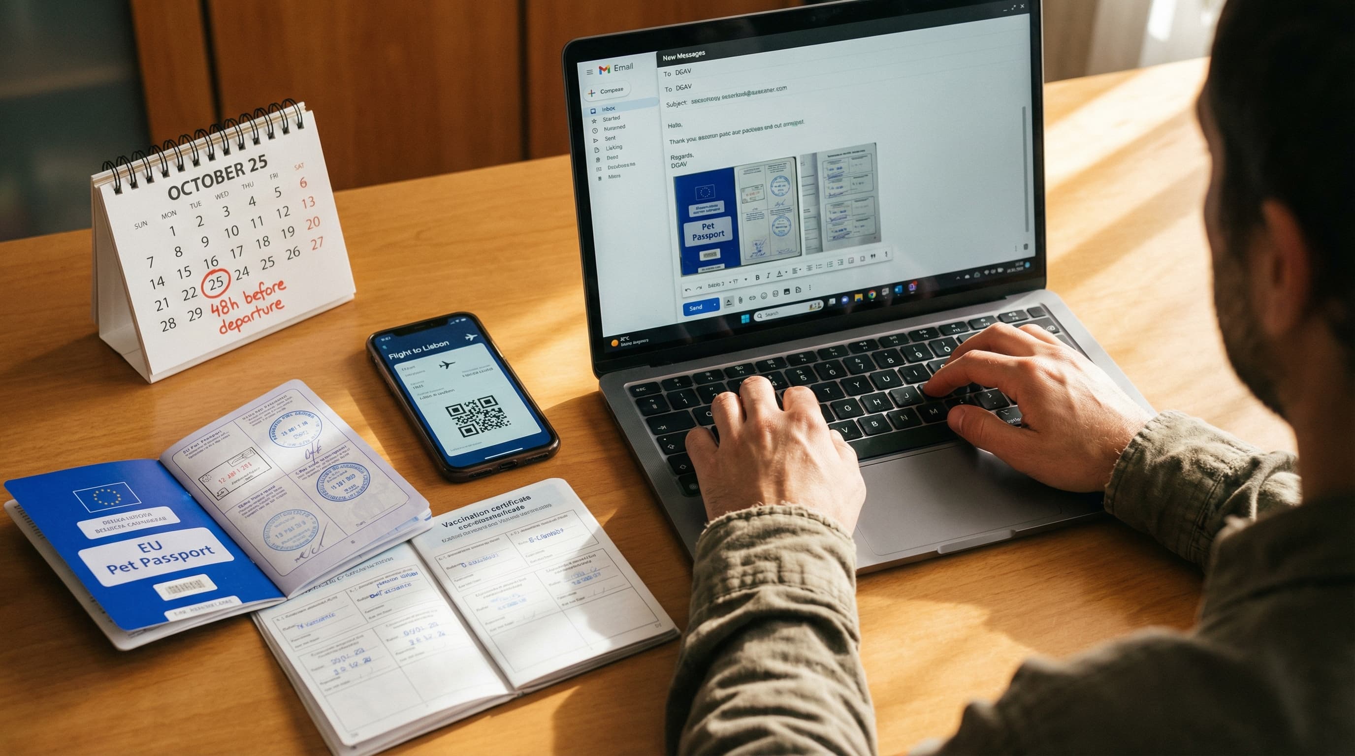 Traveler preparing DGAV notification email at laptop with pet health documents and flight confirmation