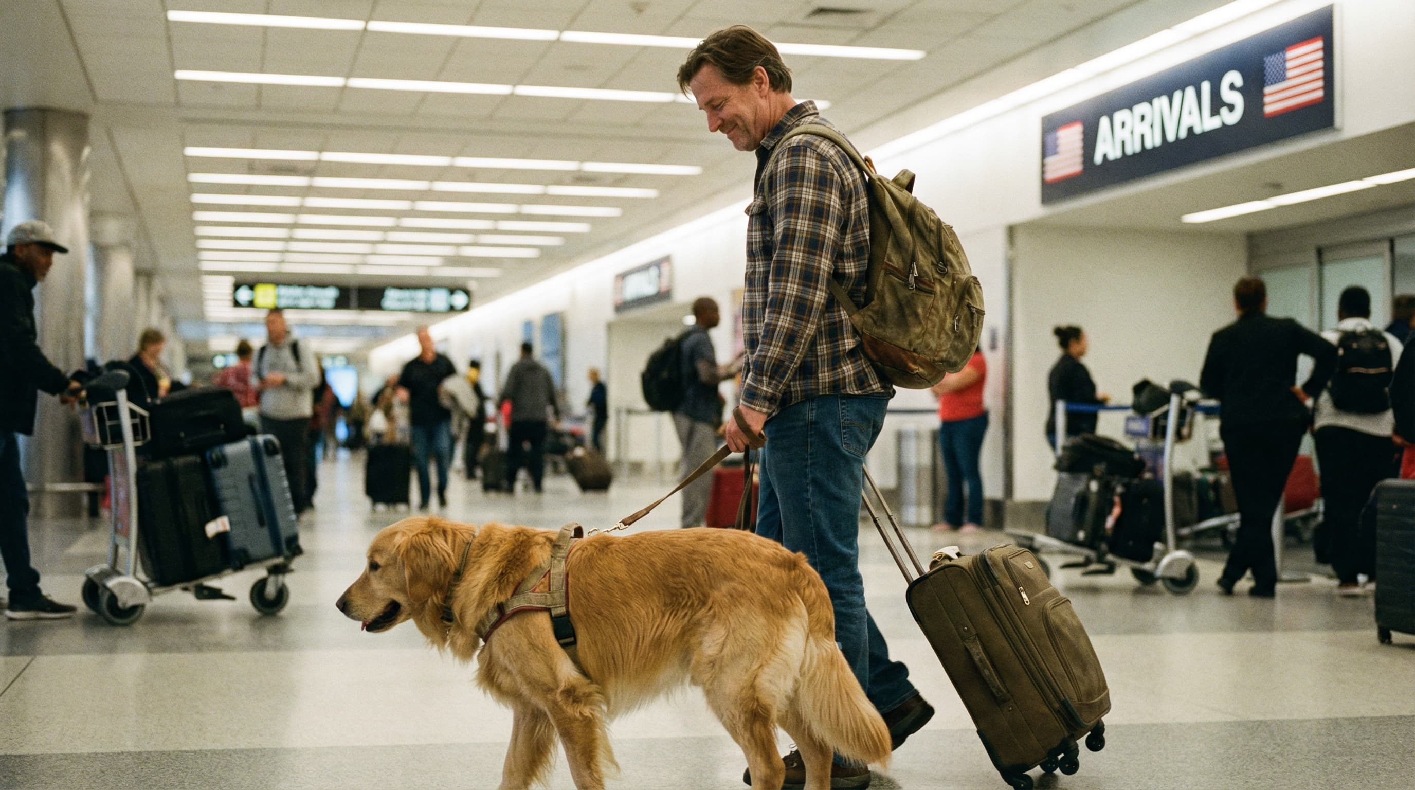 Golden retriever walking through US airport arrivals with owner after returning from Portugal