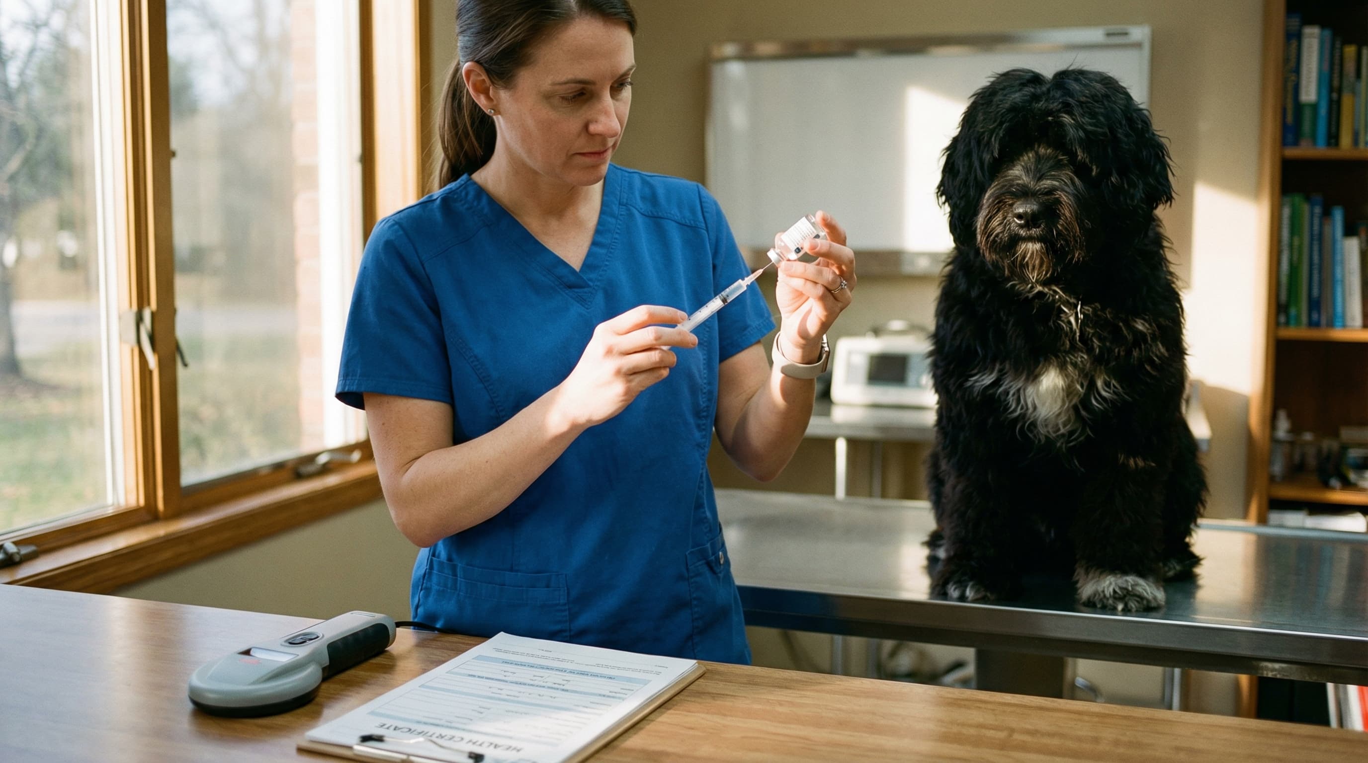 Veterinarian preparing to administer rabies vaccine to a Portuguese Water Dog on an examination table