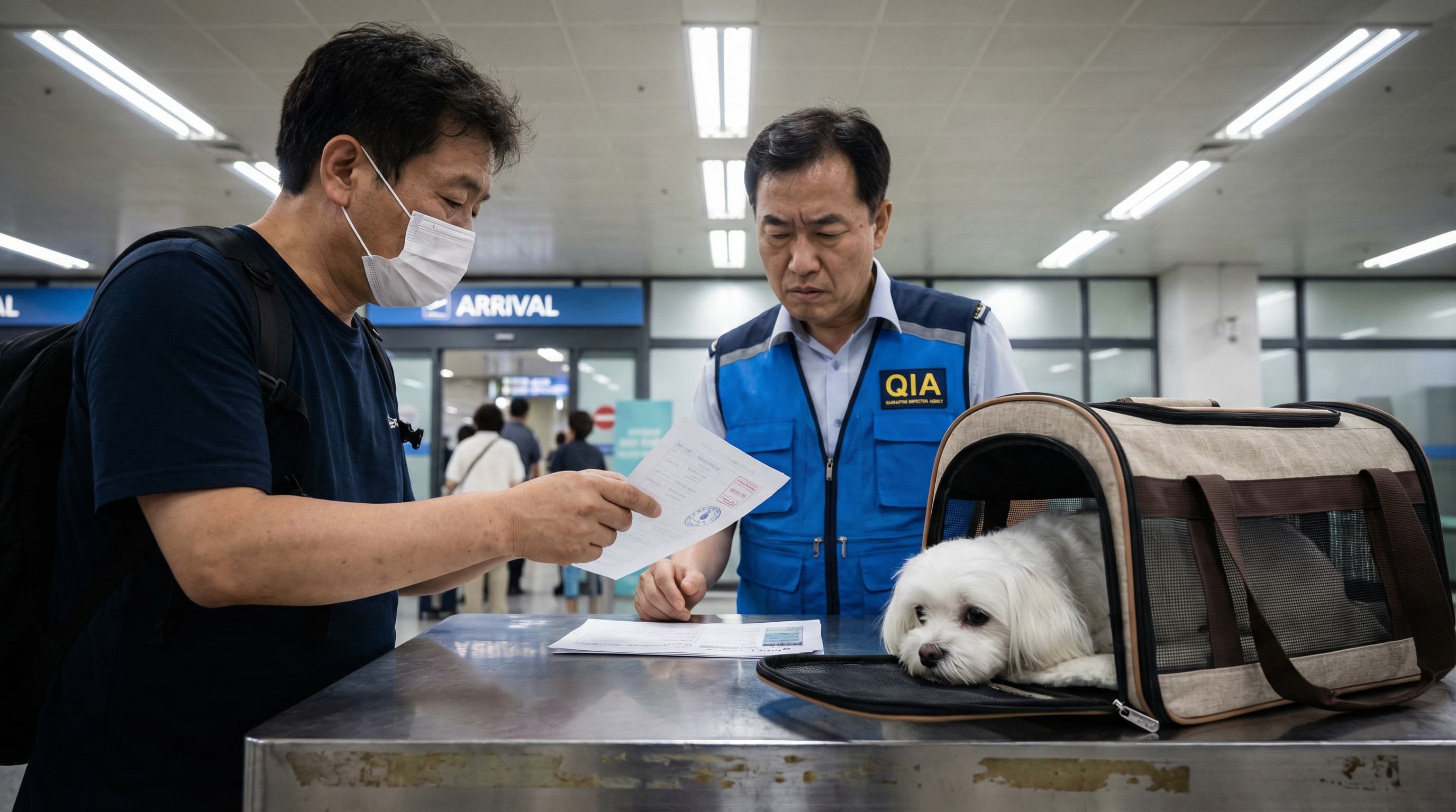 Traveler presenting endorsed health certificate to QIA inspector at Incheon Airport with Maltese in carrier