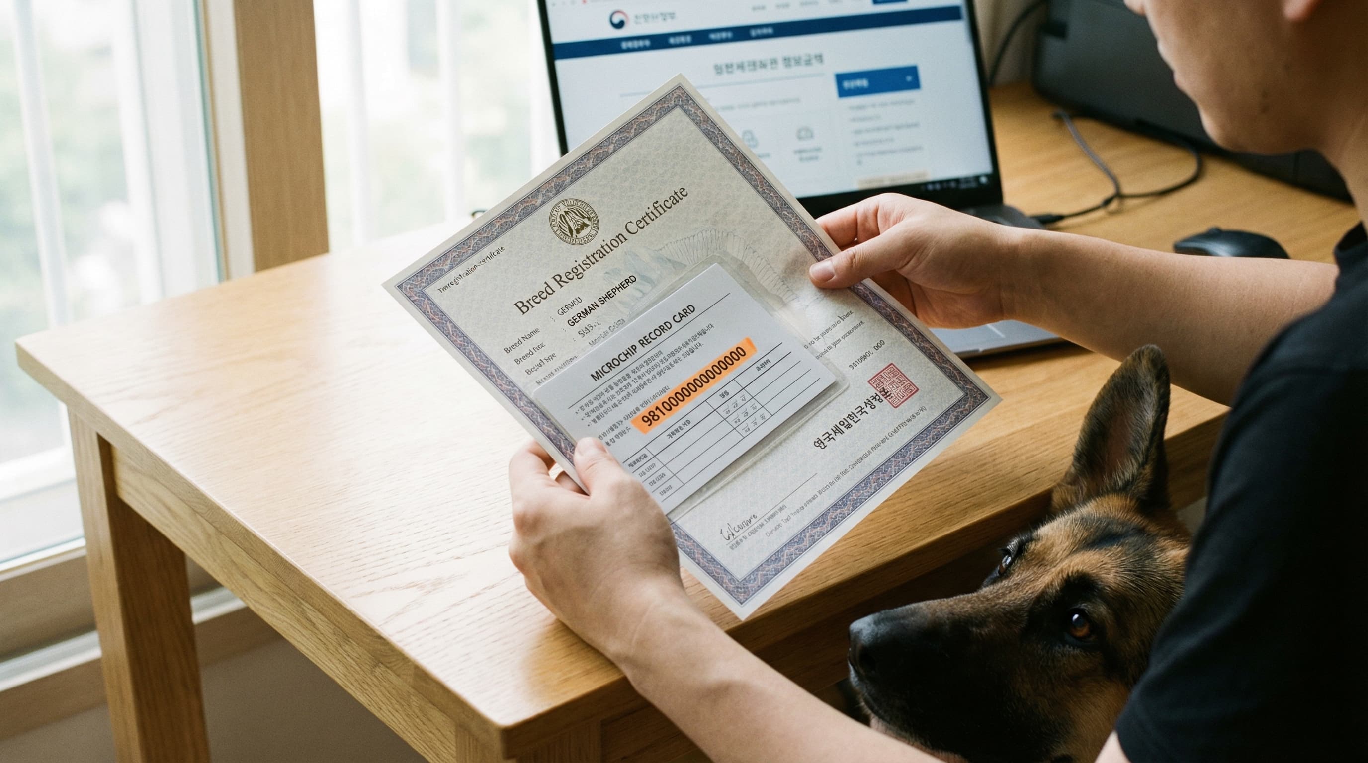 Pet owner reviewing breed documentation and microchip records before international travel to South Korea