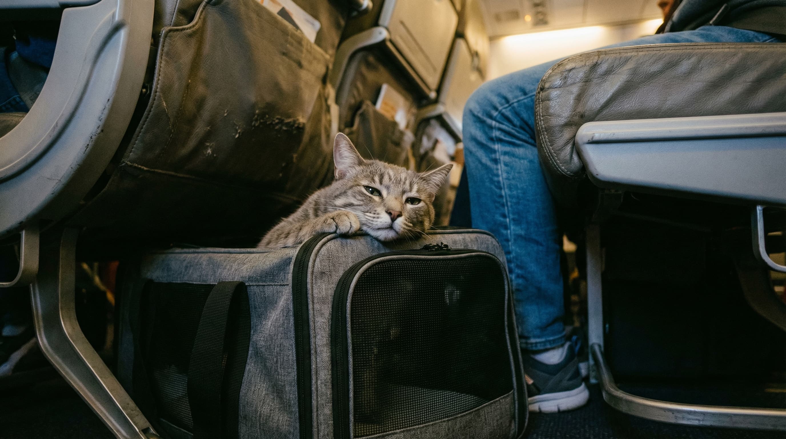 Grey tabby cat in soft-sided carrier tucked under airplane seat during flight to South Korea