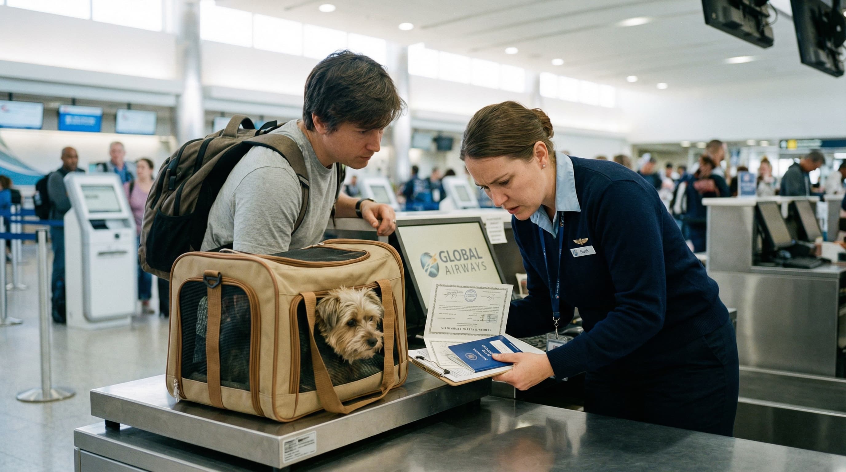 Owner checking in at airline counter with small dog in soft carrier, agent reviewing health certificate and passport documents