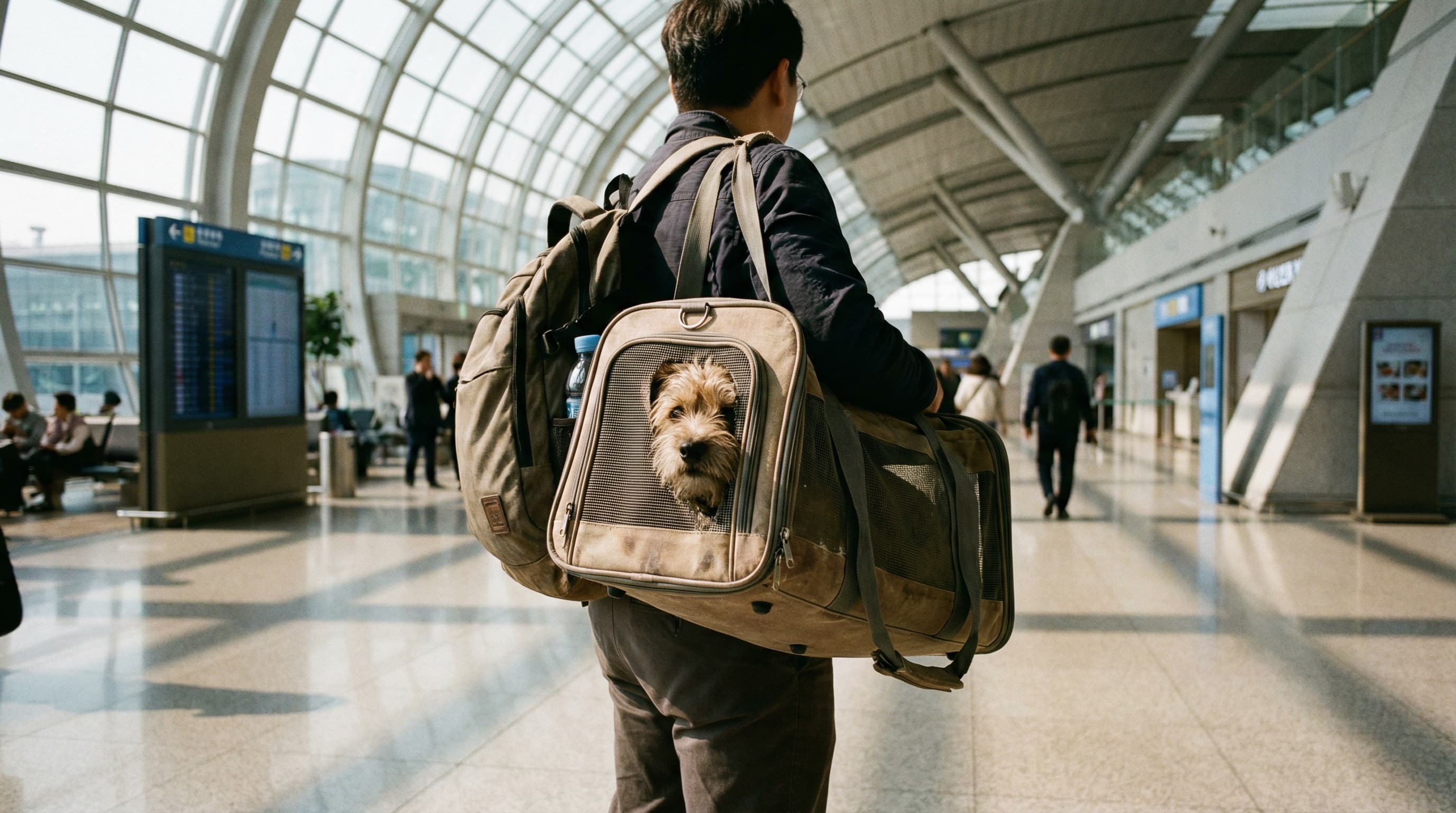 Traveler arriving at Incheon International Airport with dog in soft-sided carrier, modern terminal hall, natural light from large windows overhead