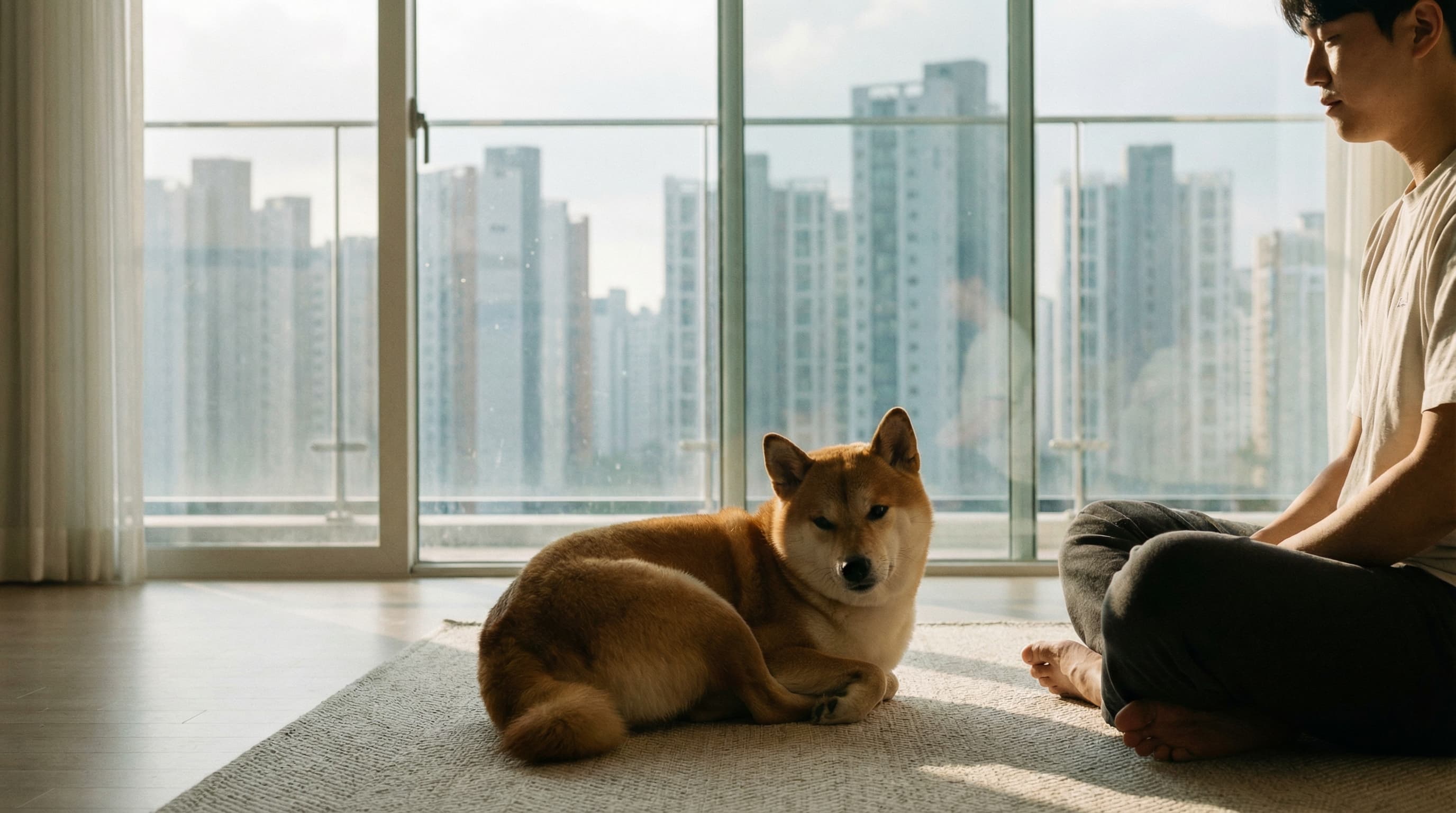 Dog and owner relaxing on floor of modern Seoul apartment with city skyline visible through large windows, settled and comfortable