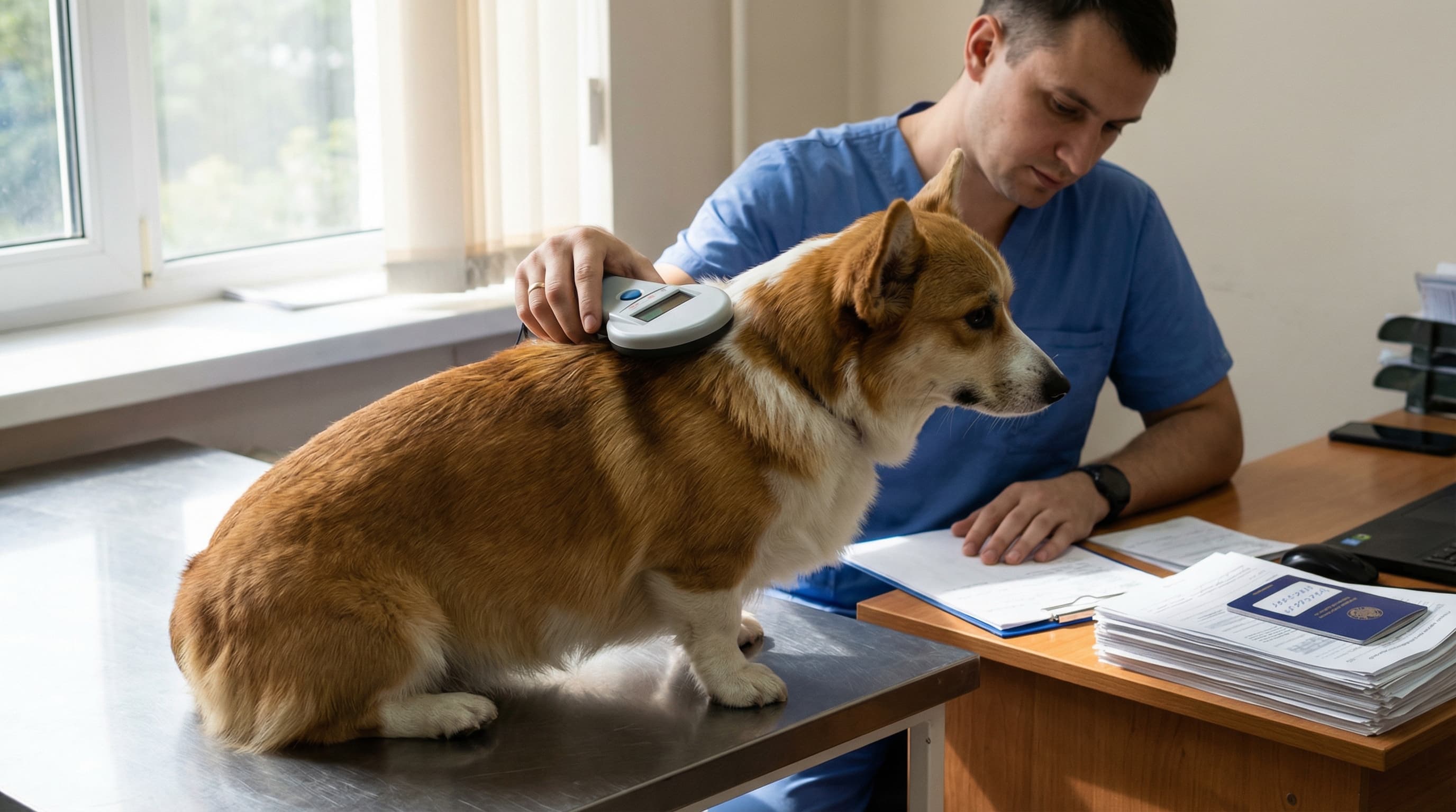 Veterinarian scanning microchip on Welsh Corgi with handheld reader, verifying chip number against travel documents at clinic desk