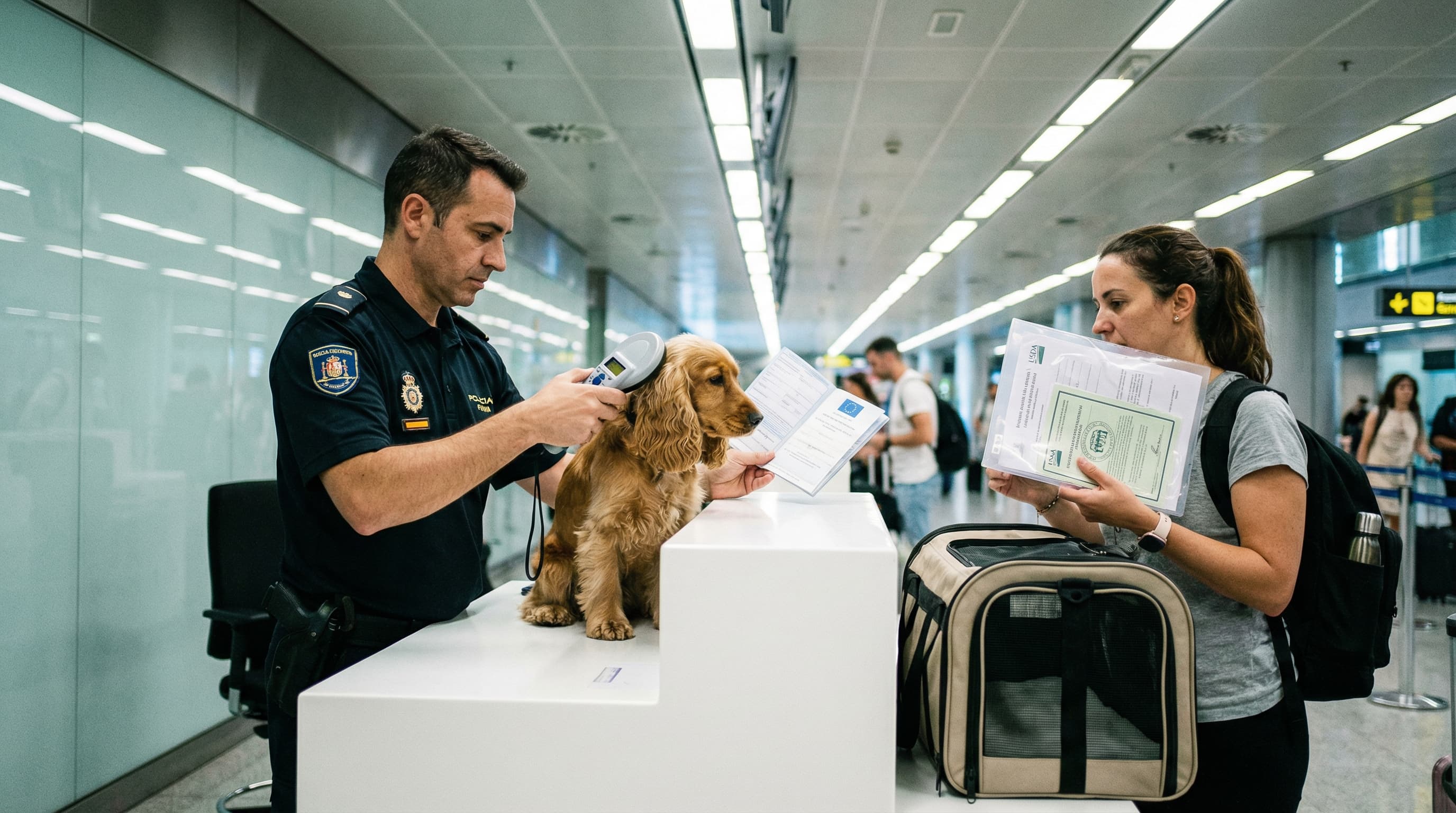 Customs officer at Madrid-Barajas Airport scanning dog's microchip while reviewing EU health certificate