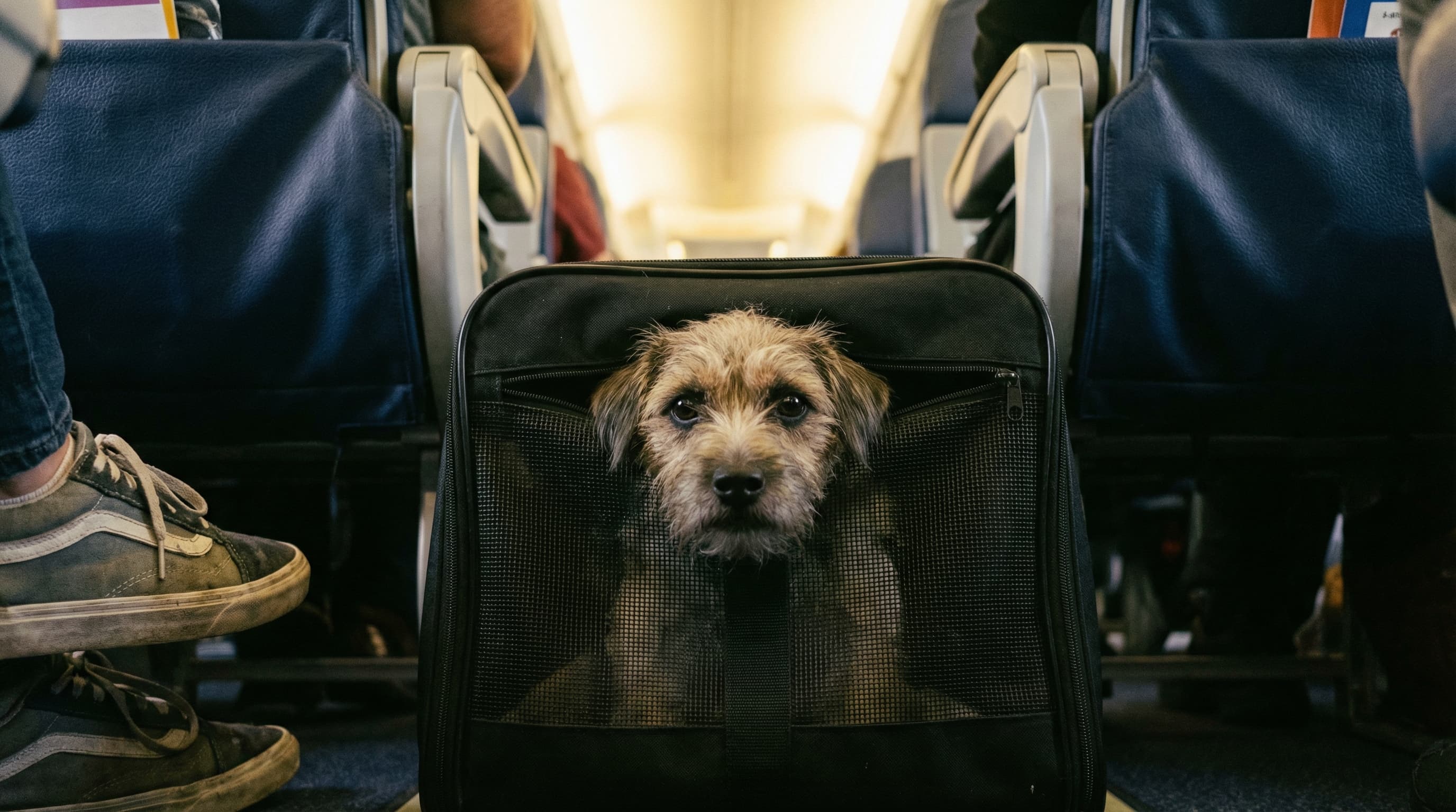 Small terrier in soft-sided carrier under airplane seat during flight to Spain