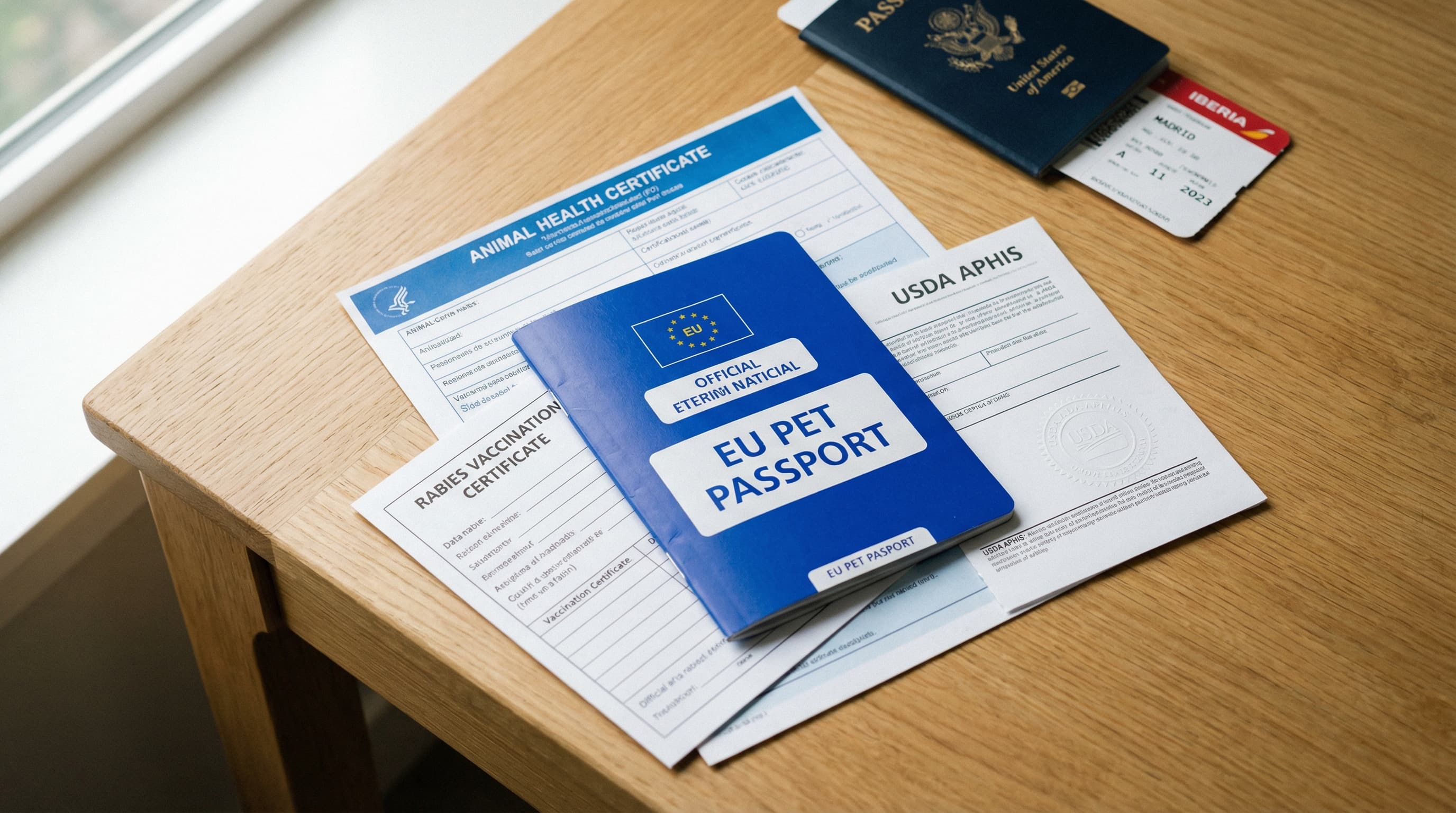 Spain pet travel documents arranged on table: EU health certificate, rabies certificate, and USDA endorsement stamp