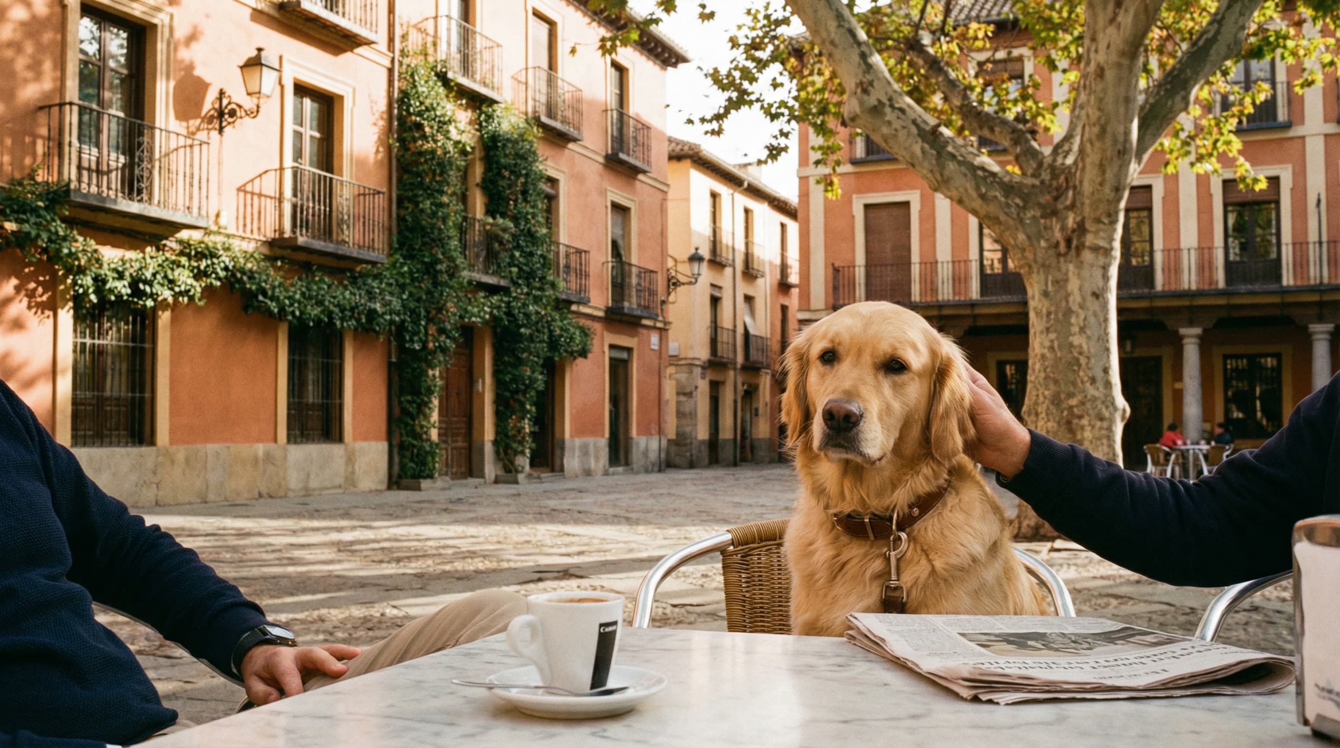 Golden retriever relaxing with owner at outdoor cafe in historic Spanish plaza