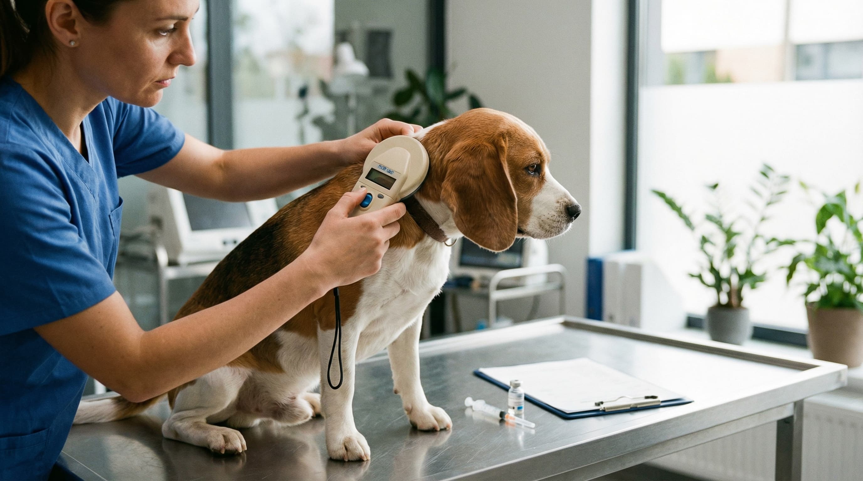 Veterinarian scanning beagle's ISO microchip before administering rabies vaccine for Spain travel