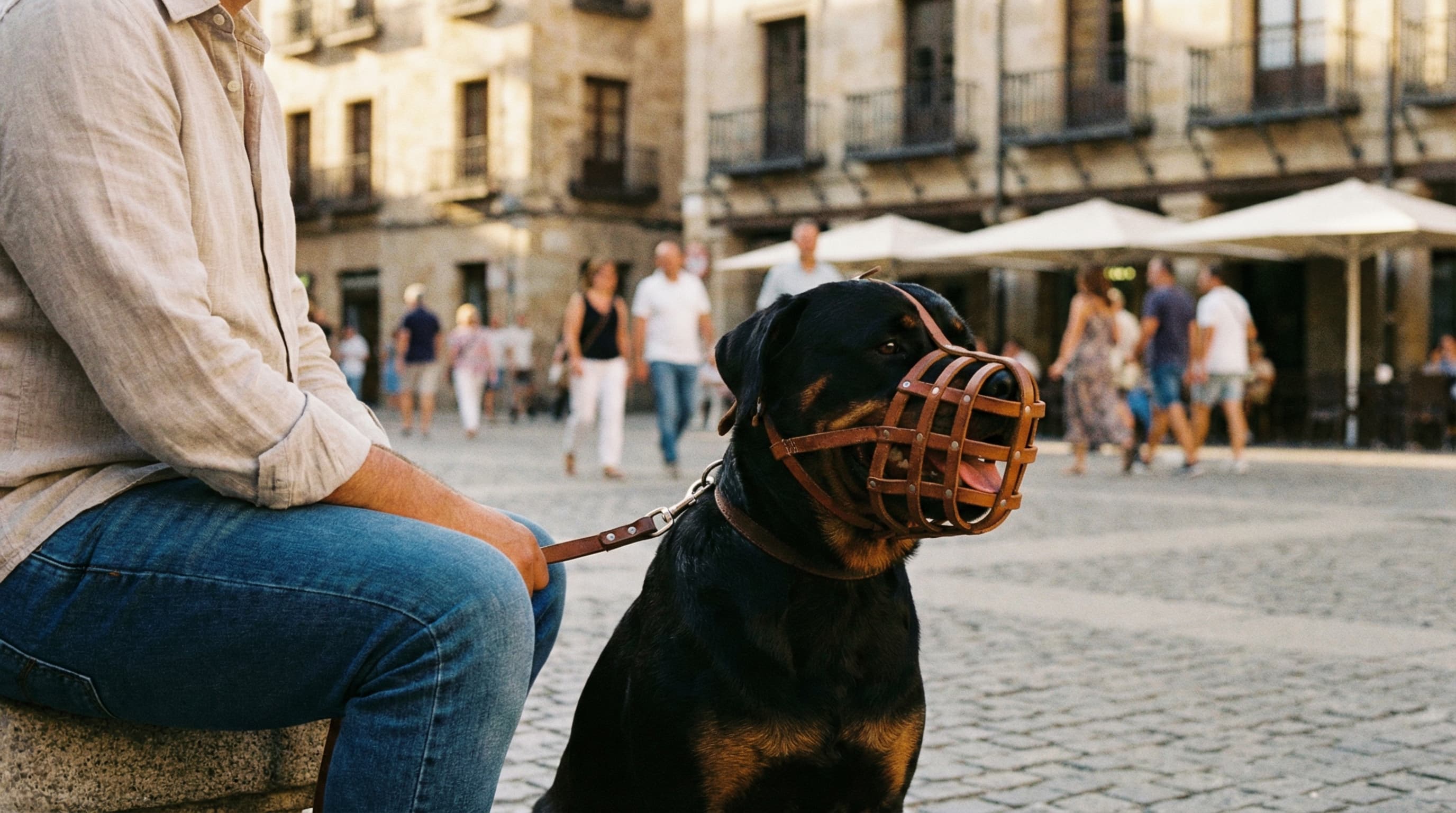 Rottweiler wearing basket-style muzzle in Spanish plaza, complying with PPP regulations