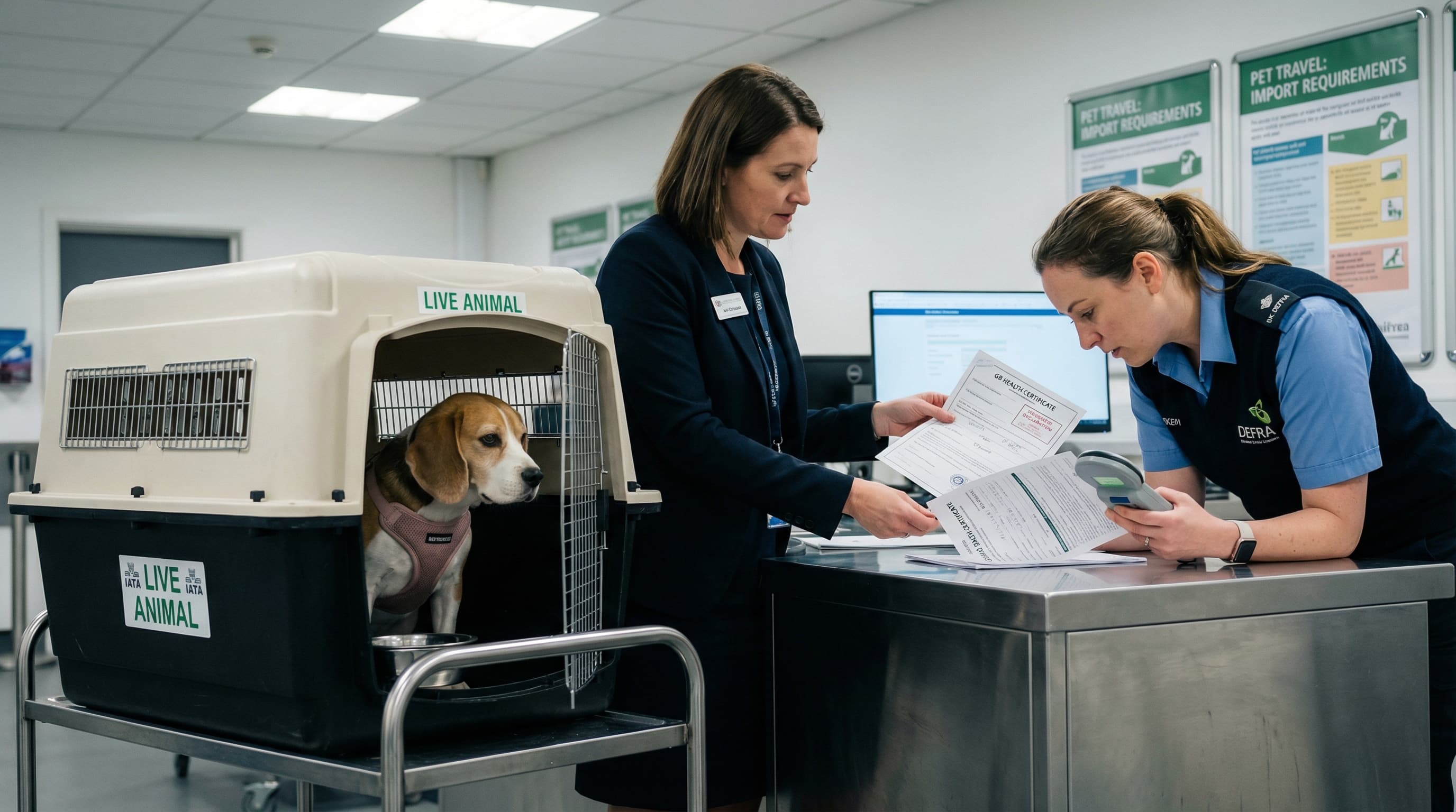 Pet shipper presenting GB health certificate to DEFRA official at Heathrow Animal Reception Centre