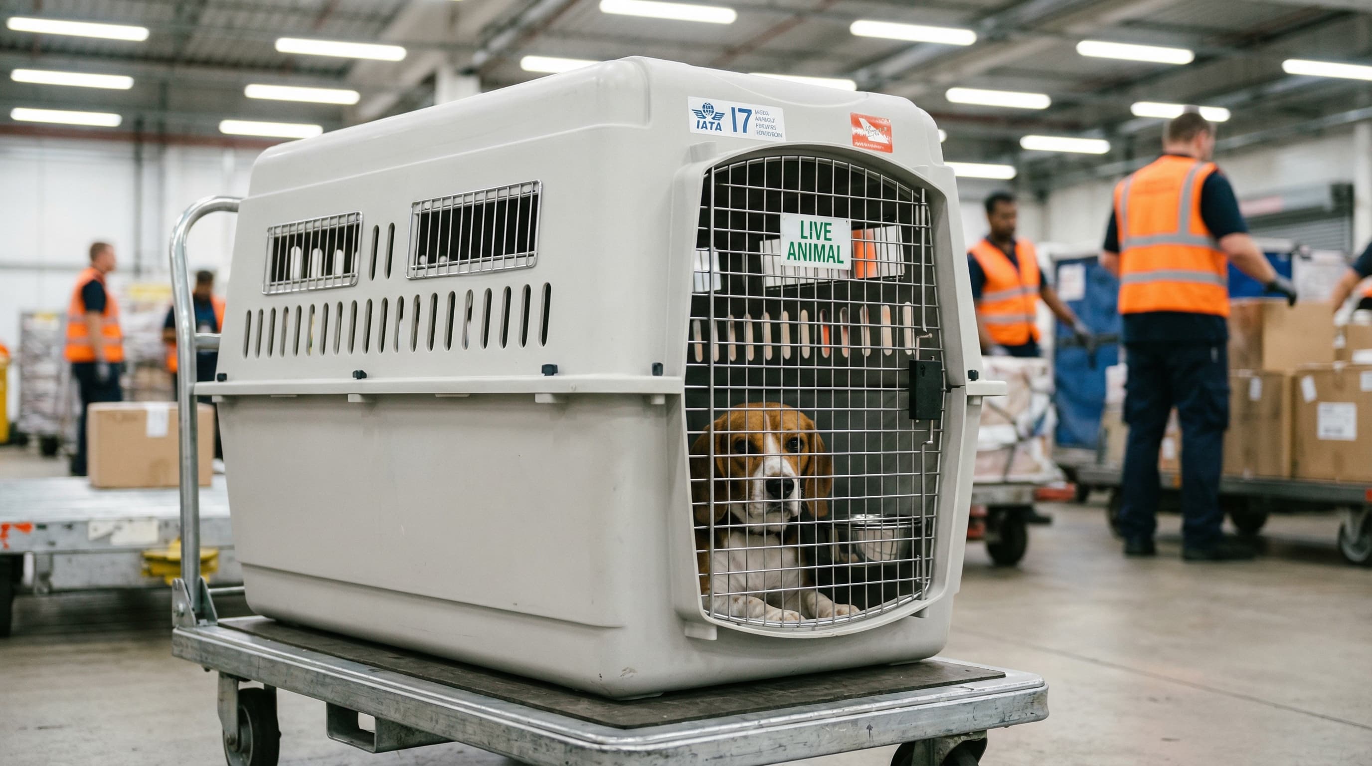 Dog in IATA-compliant hard-sided travel kennel at cargo facility before UK flight