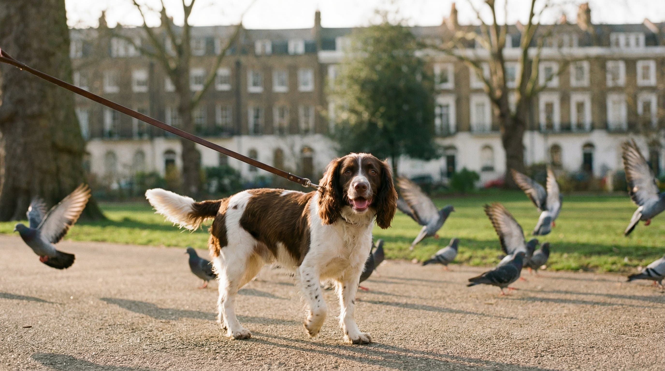 Dog enjoying a walk in a London park after successful UK entry