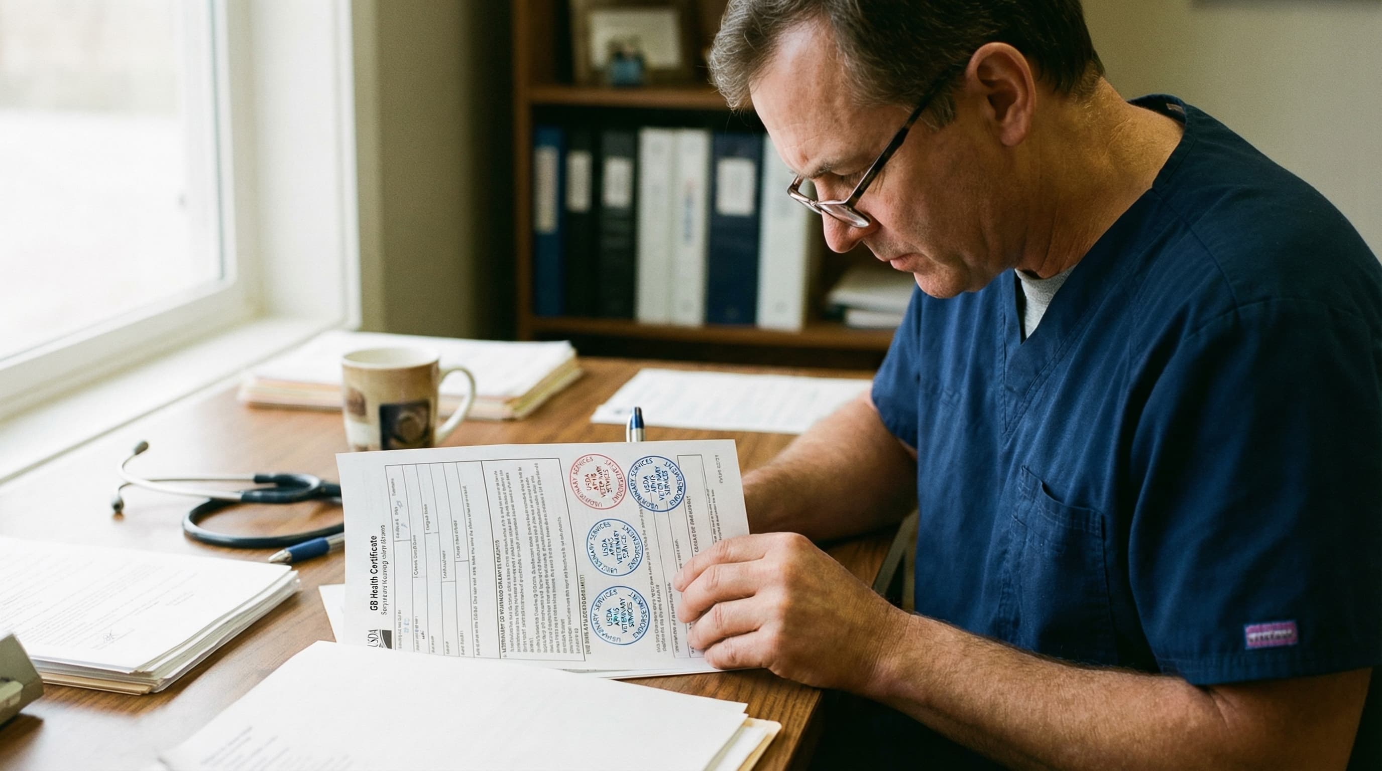 Veterinarian completing USDA-endorsed GB health certificate for UK pet travel