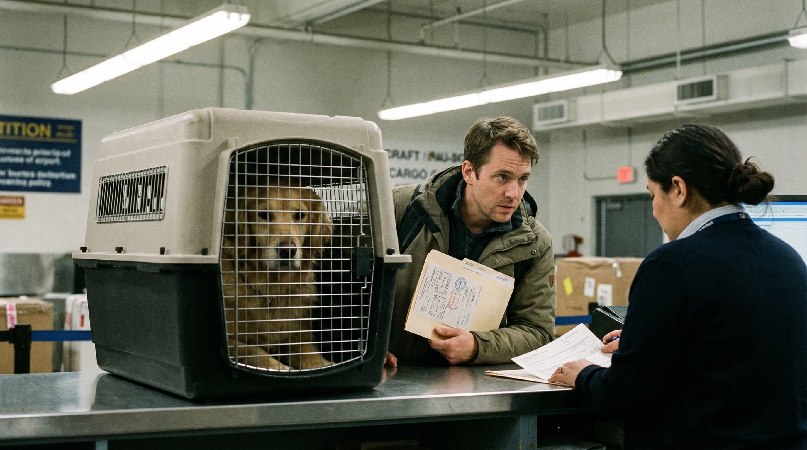 Traveler with dog at US airport cargo check-in counter before UK-bound flight, soft-sided carrier on counter, documents in hand
